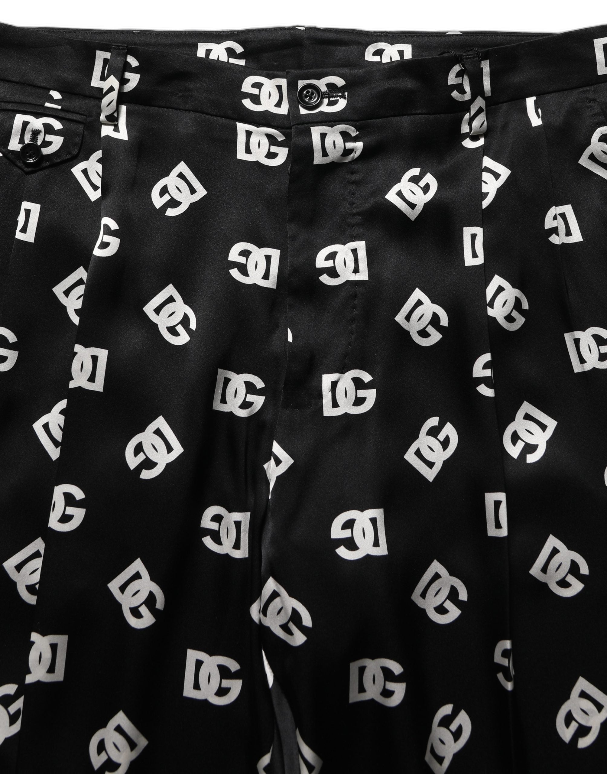Pantalon homme Dolce & Gabbana en soie noire, coupe skinny, style pantalon ajusté pour occasion élégante.