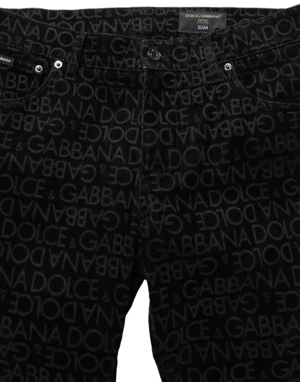 Jeans slim en denim noir Dolce & Gabbana avec logo monogramme en coton, coupe ajustée, détails élégants.