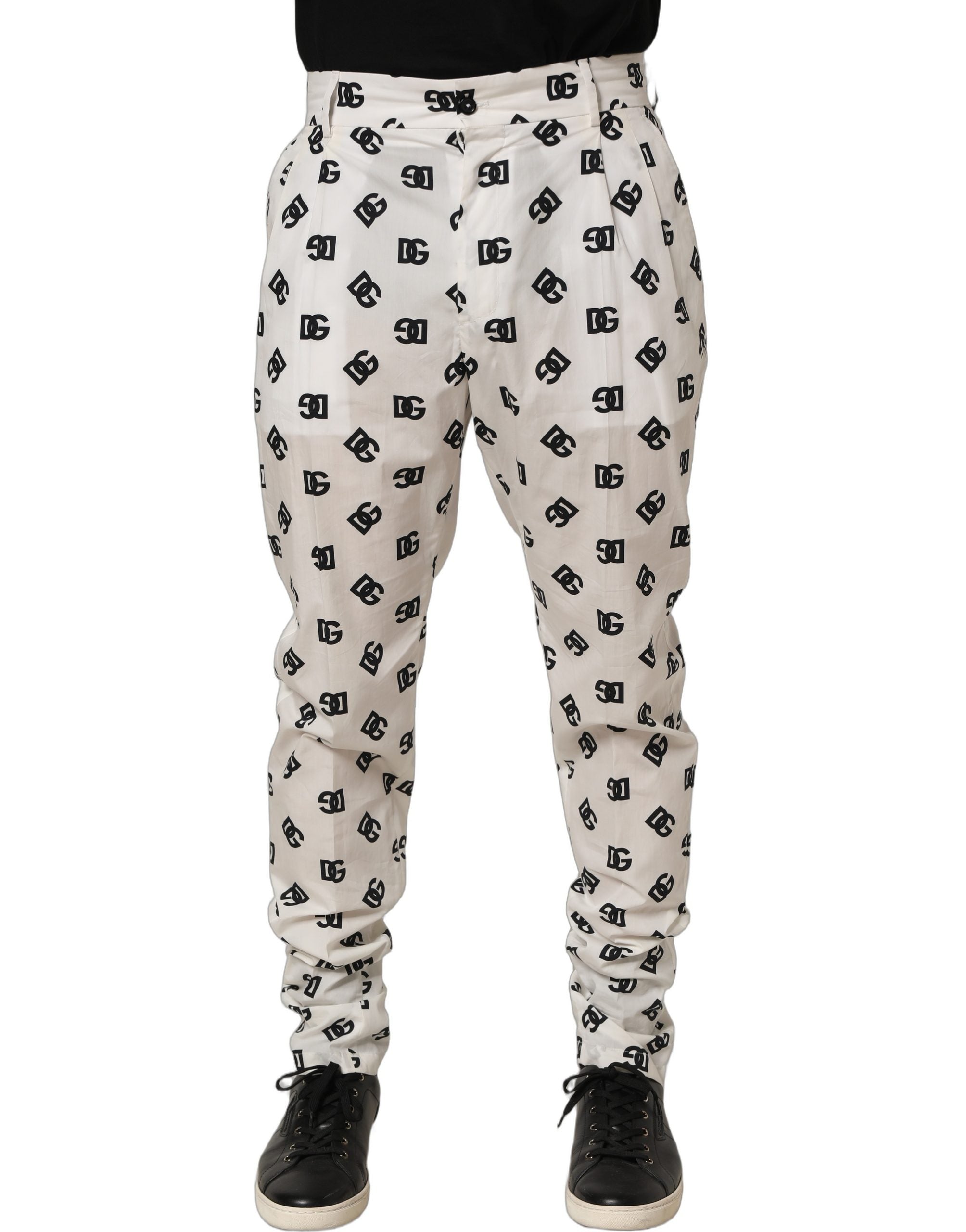 Pantalon homme Dolce & Gabbana blanc à logo skinny, ajusté, avec coupe fuselée et détails élégants.