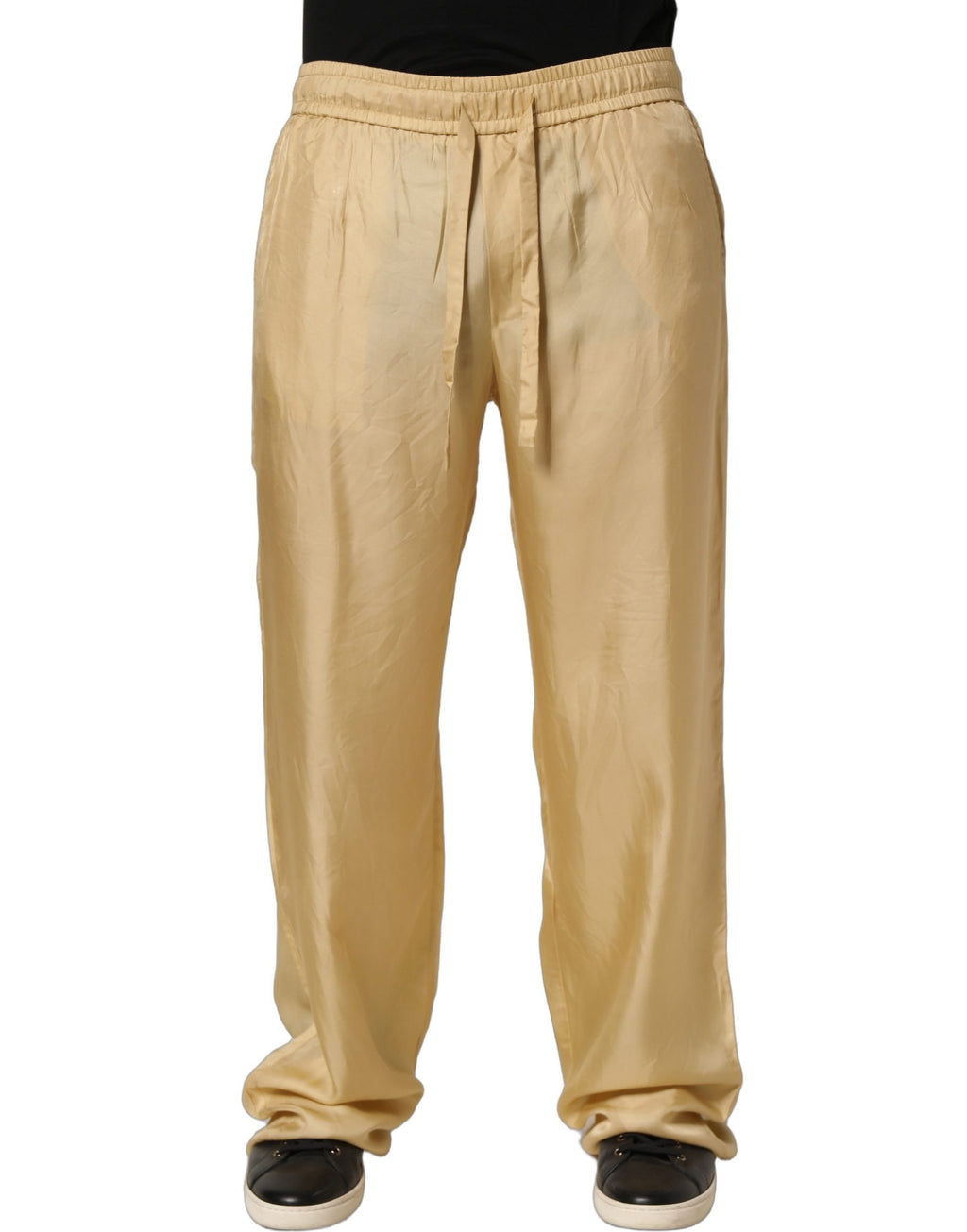 Pantalon chino droit en soie jaune de Dolce & Gabbana, taille mi-haute, pantalon élégant pour femme.