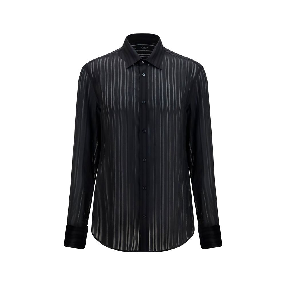 Chemise en soie noire Gucci pour femme, détails élégants et coupe raffinée, idéale pour une tenue sophistiquée