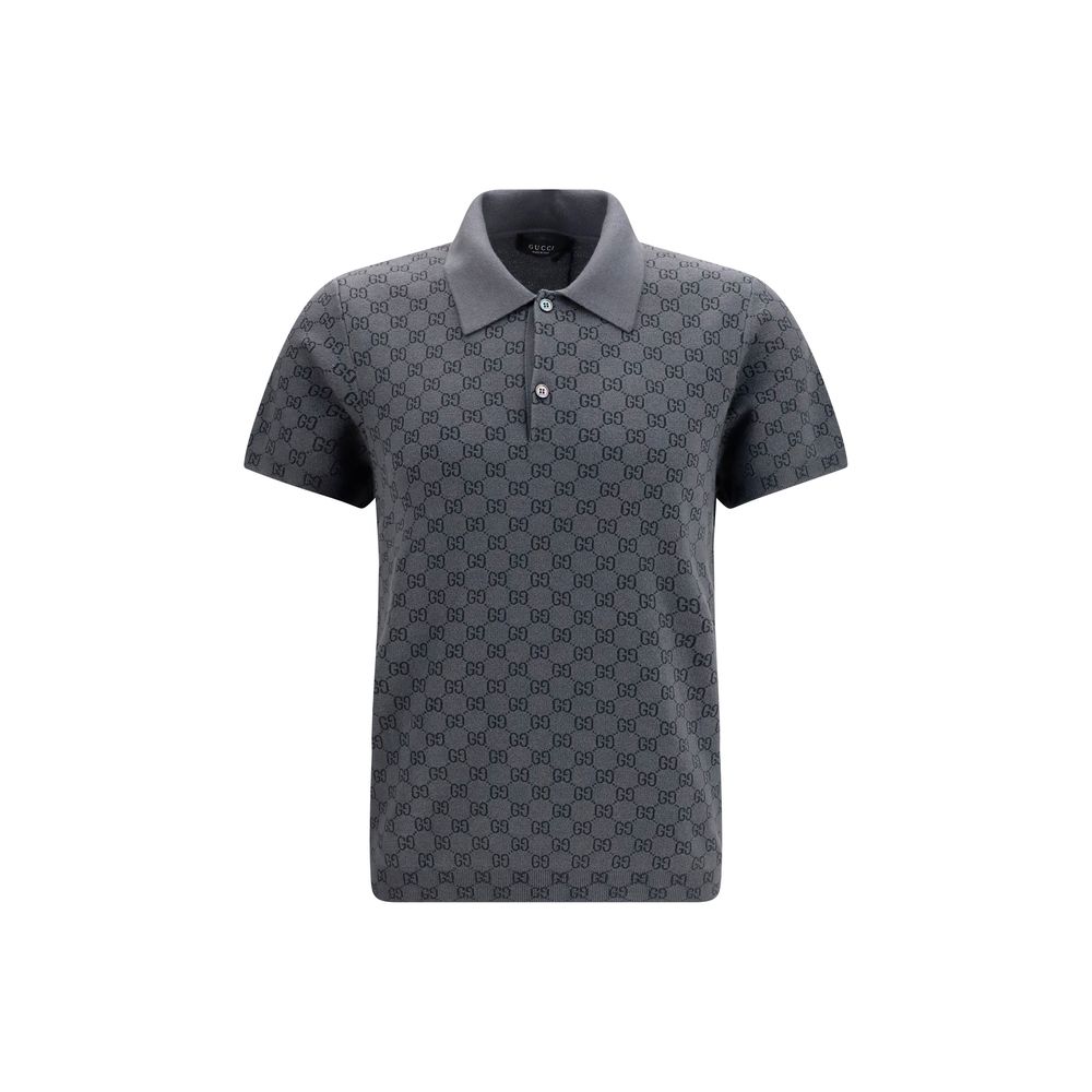 Chemise polo en laine grise Gucci Oves Aries, vue de face, détails du col et du logo Gucci.