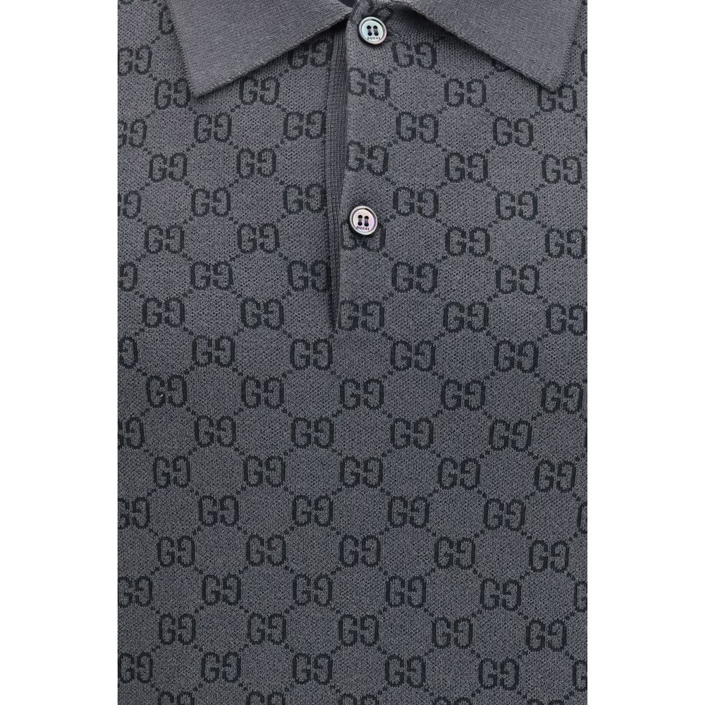 Chemise polo Gucci en laine grise avec motif Aries, style élégant et décontracté, tissu confortable et finition soignée.