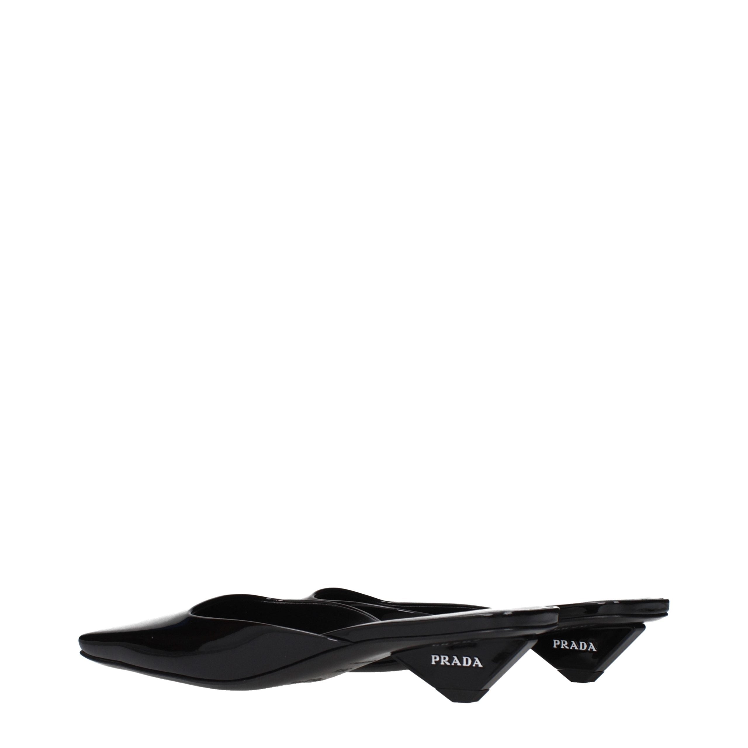 Sandales plates en cuir noir de Prada, élégantes et confortables, avec finition soignée et design minimaliste.