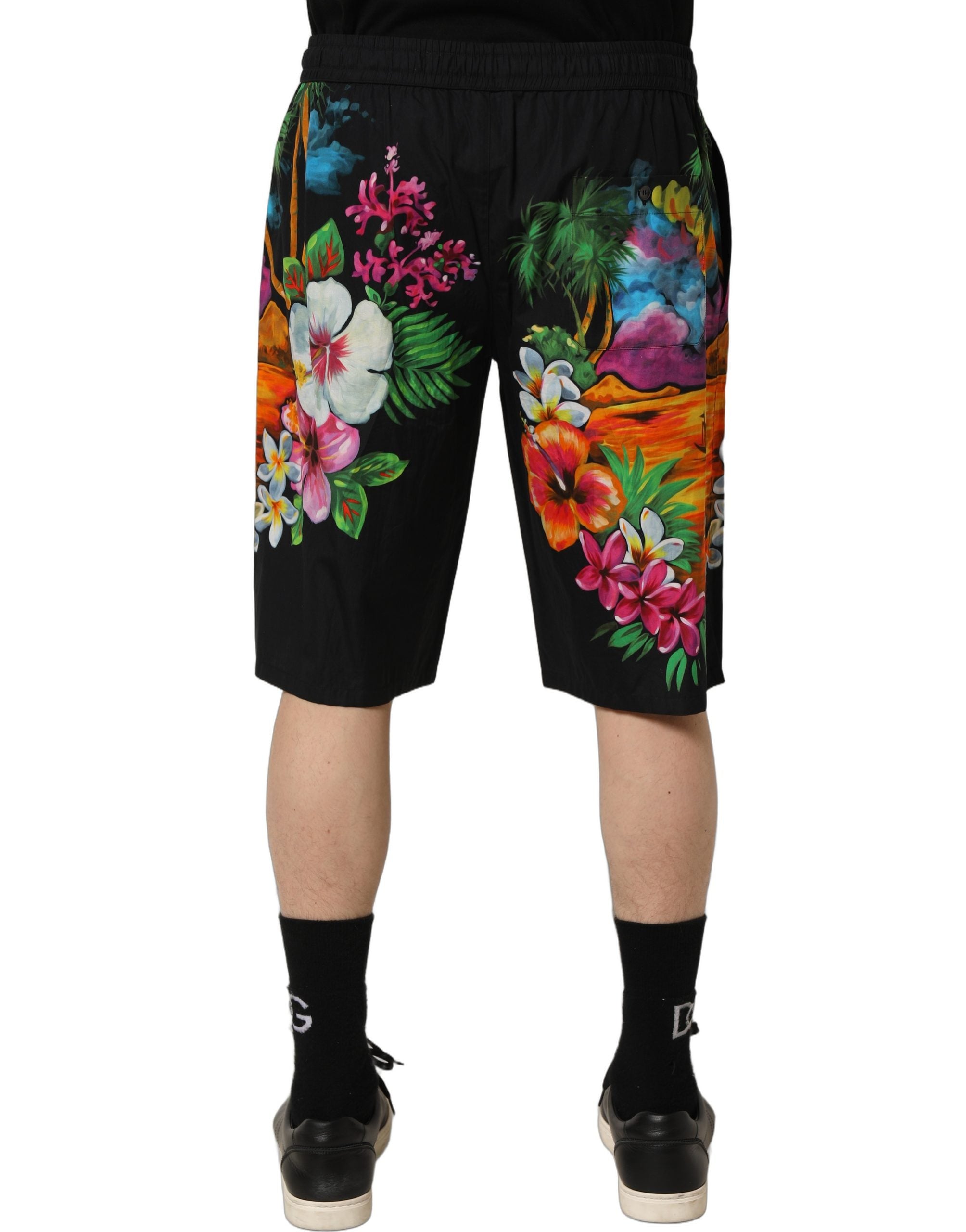 Dolce & Gabbana Schwarze Bermuda-Shorts aus Baumwolle mit tropischem Blumenmuster