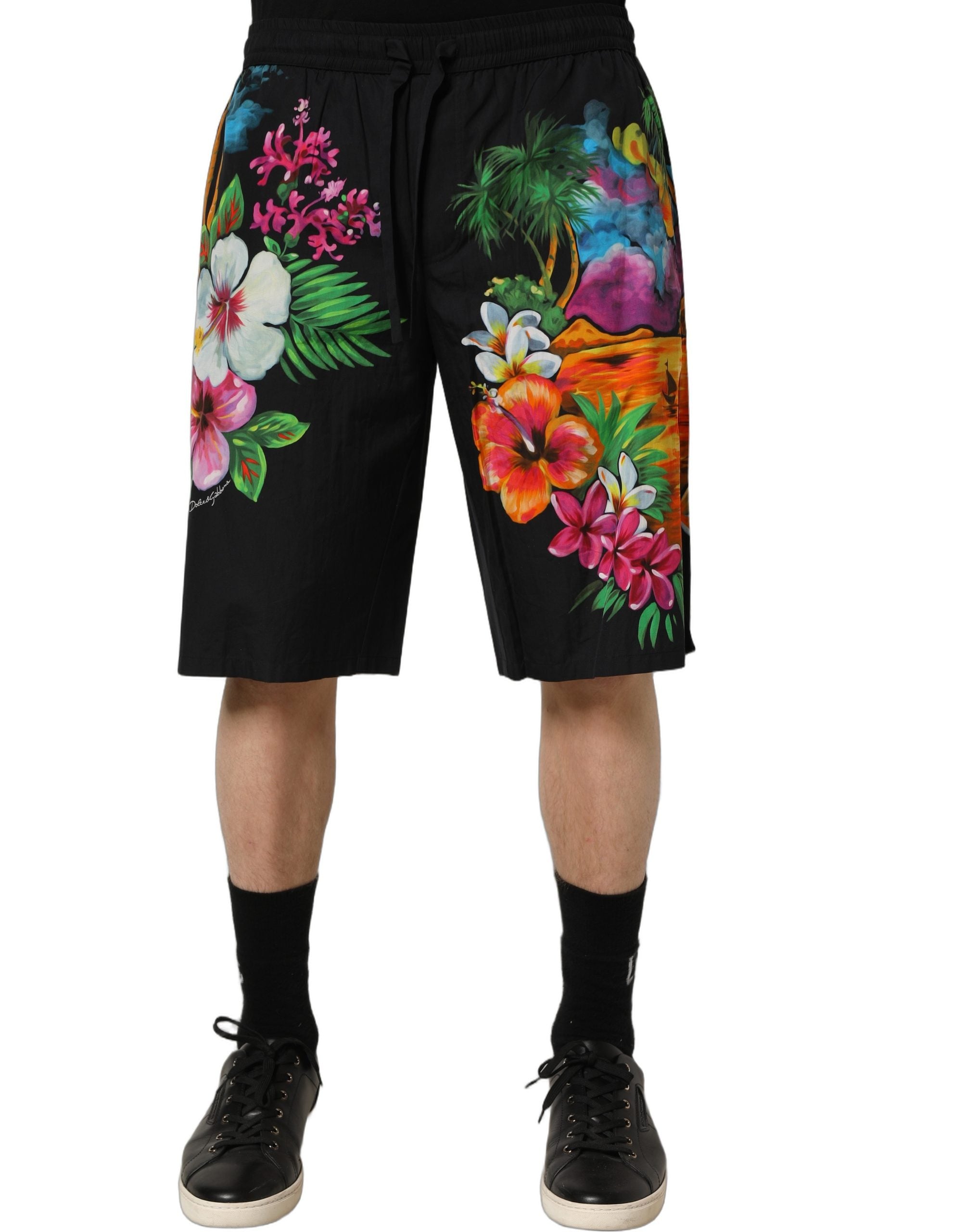 Dolce & Gabbana Schwarze Bermuda-Shorts aus Baumwolle mit tropischem Blumenmuster