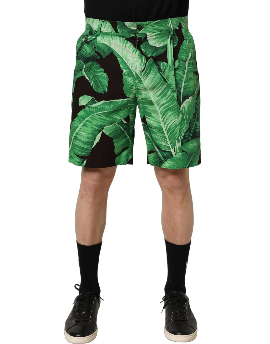 Shorts bermuda hommes Dolce & Gabbana en coton avec motif bananier noir et vert, style décontracté et estival.
