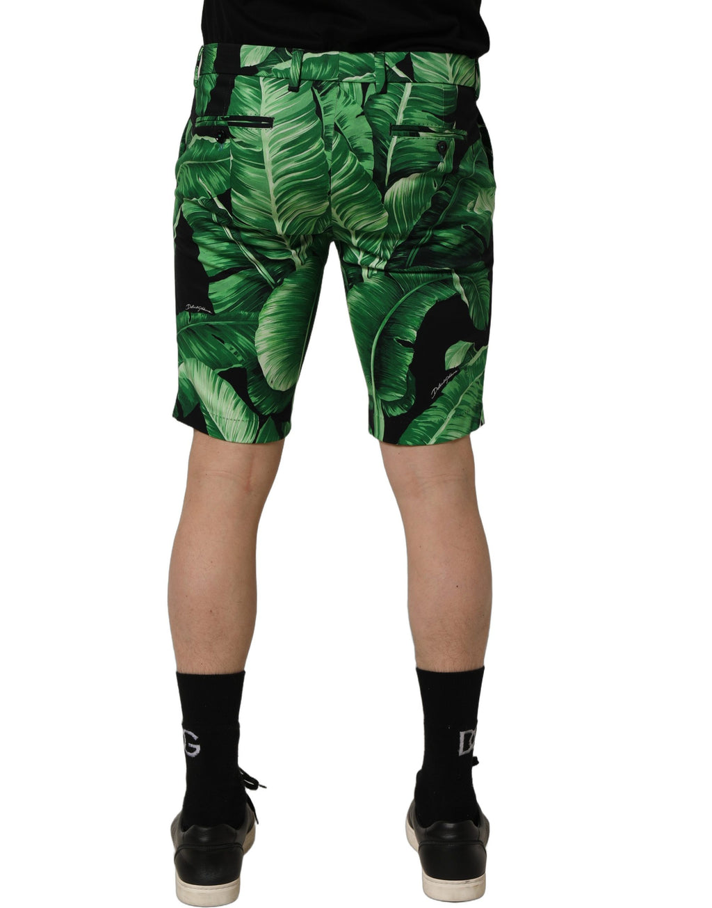 Shorts bermuda pour hommes Dolce & Gabbana en coton noir avec motif feuilles de bananier vert et noir.