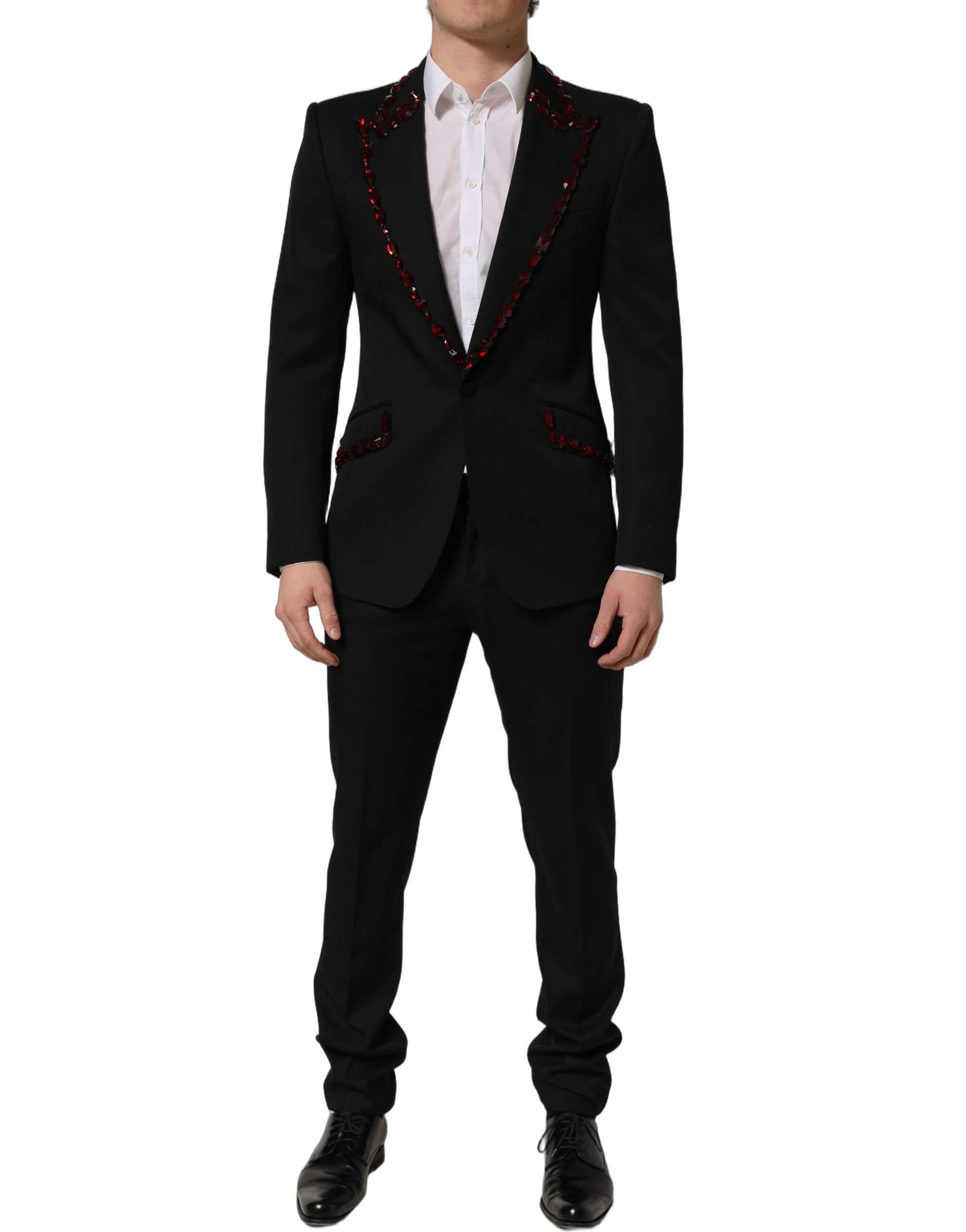 Costume deux pièces en laine noire Dolce & Gabbana avec cristaux brodés, veste et pantalon élégants.
