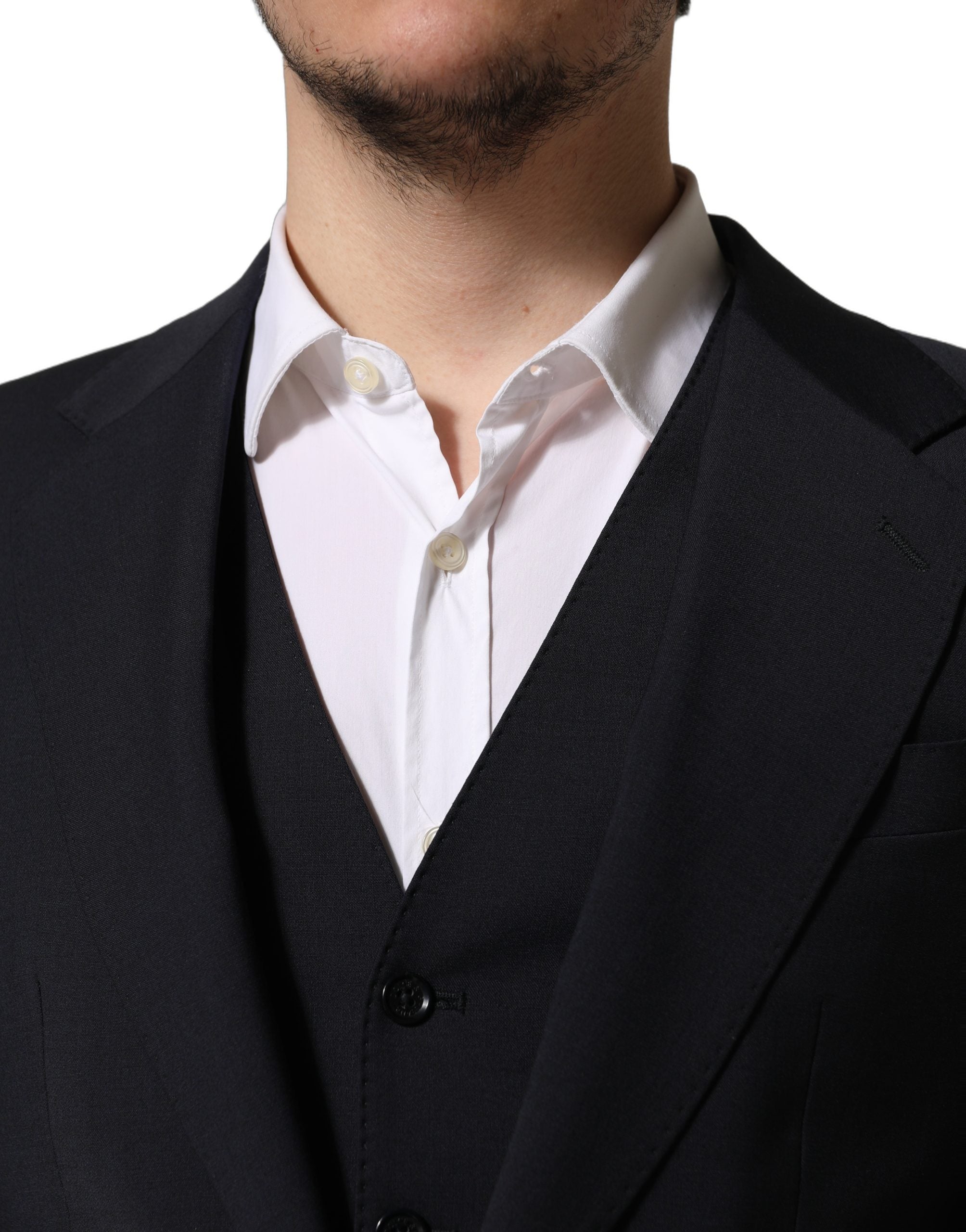 Costume homme noir Dolce & Gabbana en laine, costume trois pièces slim fit formel, veste, pantalon et gilet élégants.
