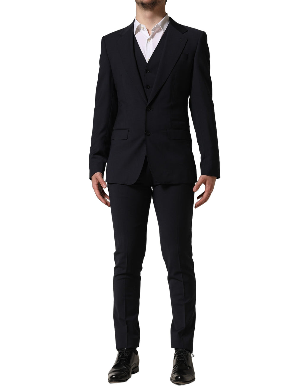 Costume trois pièces noir en laine Dolce & Gabbana pour homme, veste slim fit avec pantalon et gilet élégants.