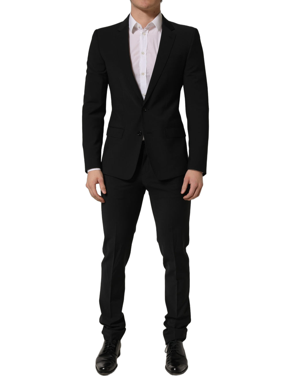 Costume homme Dolce & Gabbana en laine noire, costume deux pièces ajusté pour occasions formelles.