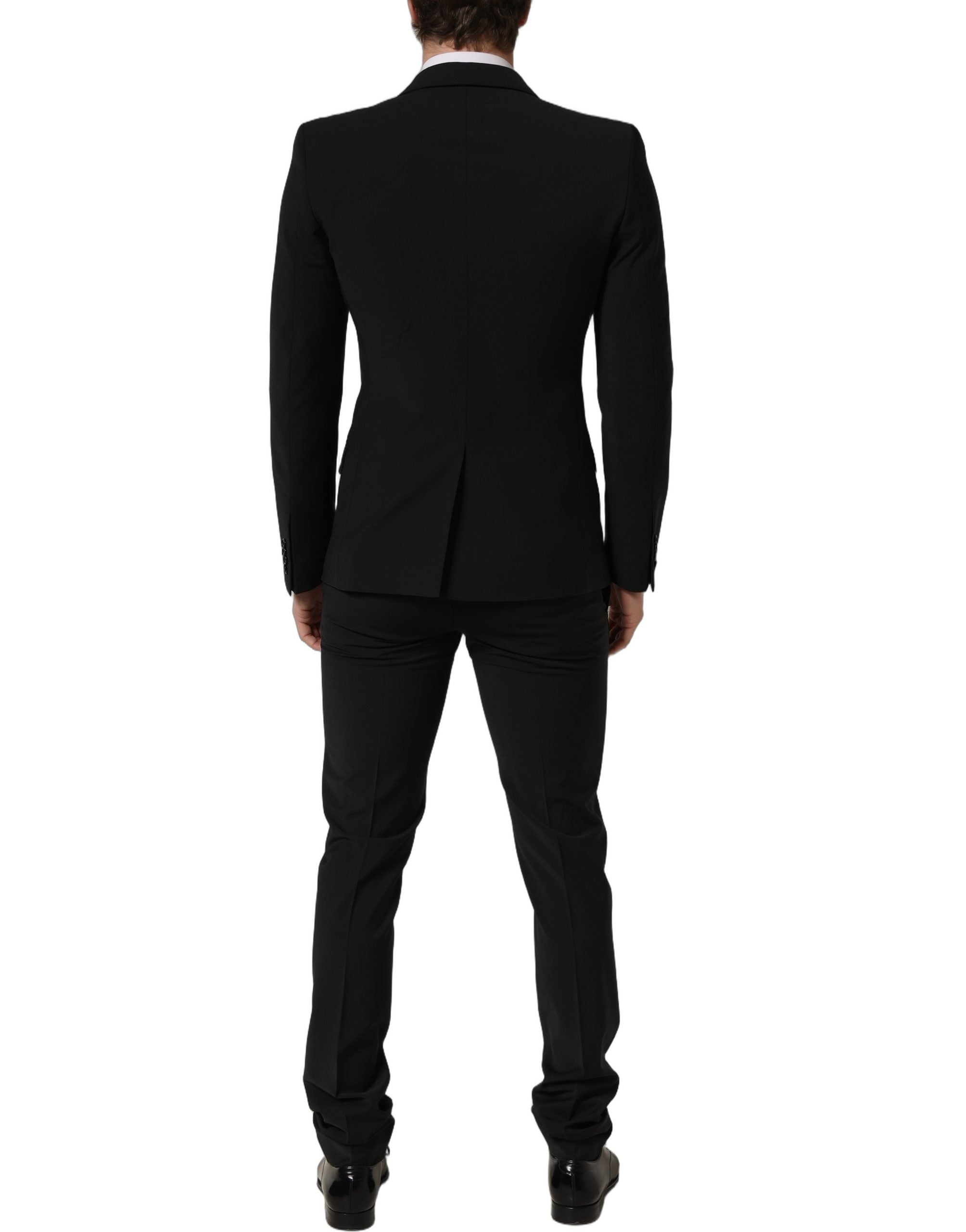 Costume homme Dolce & Gabbana en laine noire, costume deux pièces ajusté formel pour homme, vue de l'ensemble.