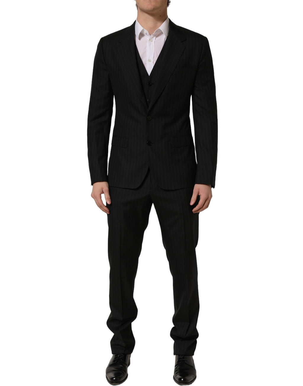 Costume trois pièces Dolce & Gabbana à rayures noires, coupe slim pour homme, costume formel élégant.