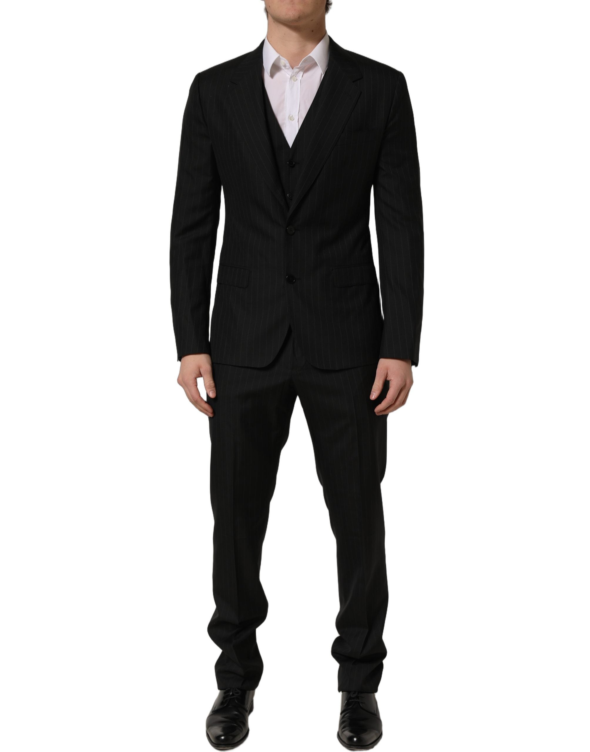 Costume trois pièces Dolce & Gabbana à rayures noires, coupe slim pour homme, costume formel élégant.