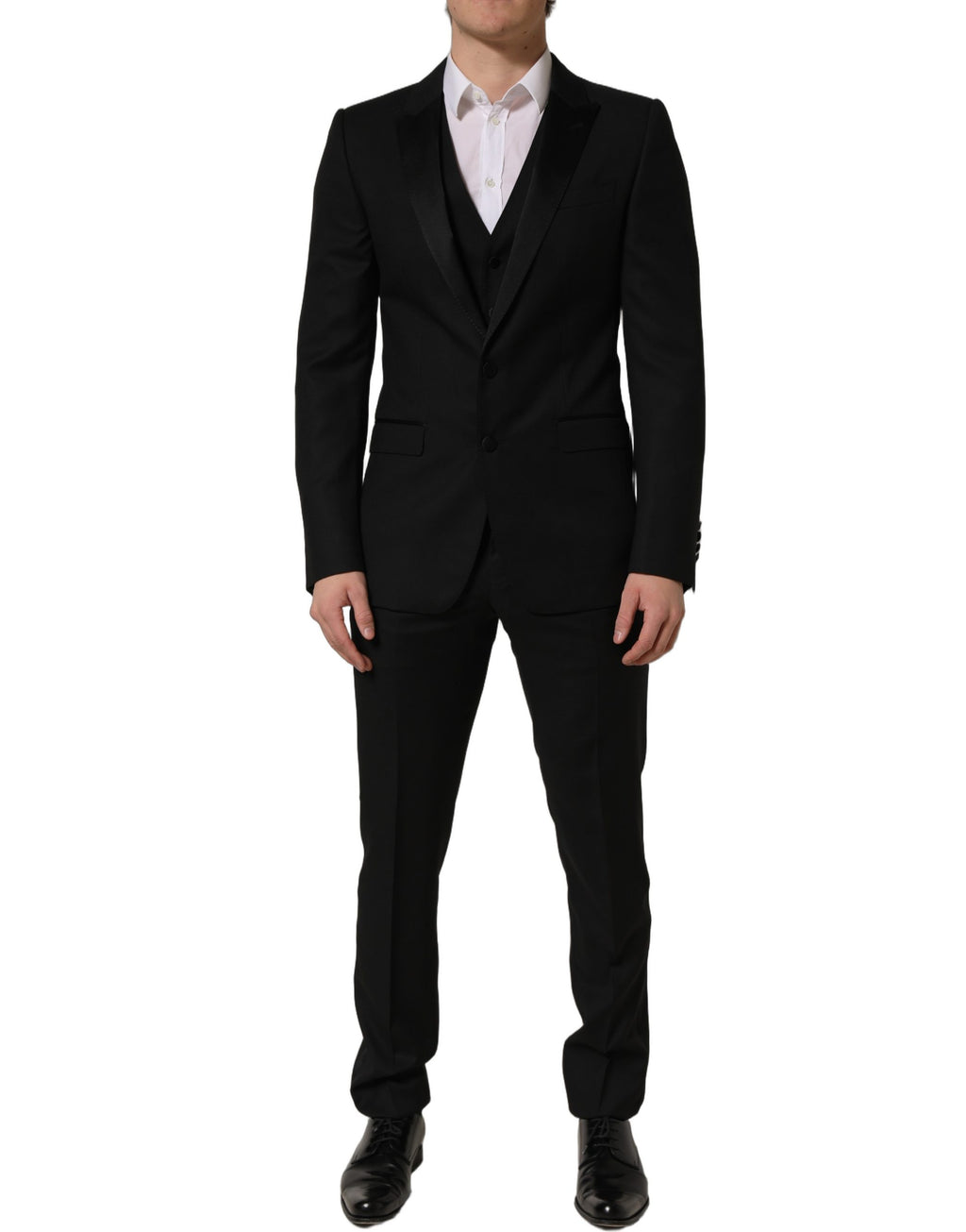 Costume homme noir Dolce & Gabbana MARTINI trois pièces, costume slim fit formel avec veste, pantalon et gilet.