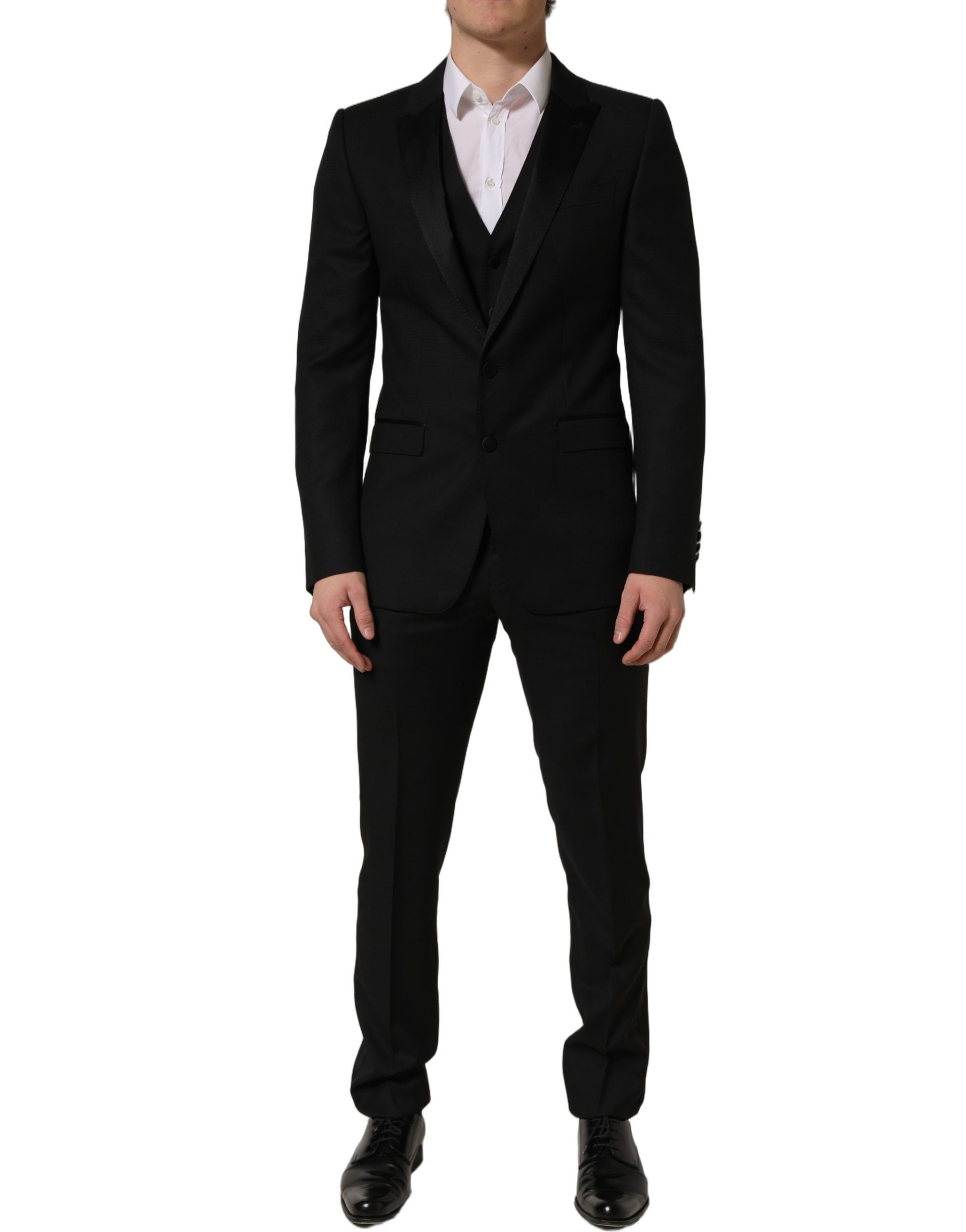 Costume homme noir Dolce & Gabbana MARTINI trois pièces, costume slim fit formel avec veste, pantalon et gilet.