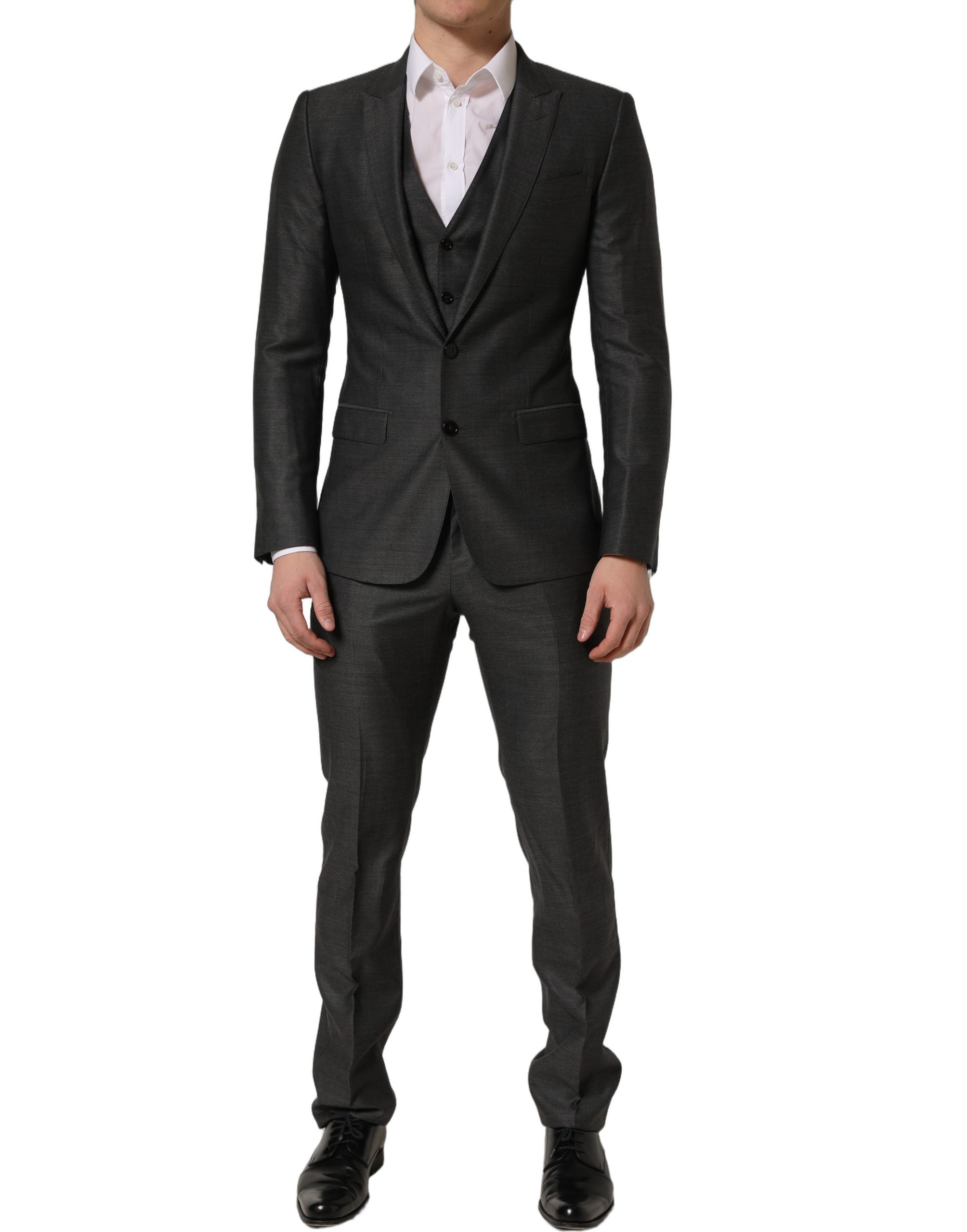 Costume formel gris Dolce & Gabbana Martini Slim Fit à trois pièces, avec veste, pantalon et gilet, pour homme élégant.