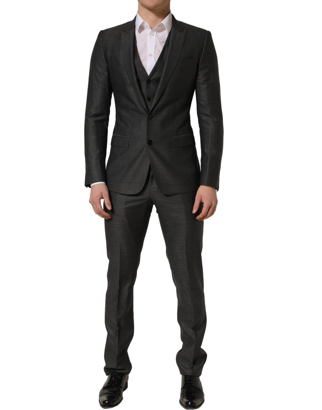 Costume trois pièces Dolce & Gabbana gris MARTINI, coupe ajustée, pour occasion formelle, avec veste, pantalon et gilet élégants.