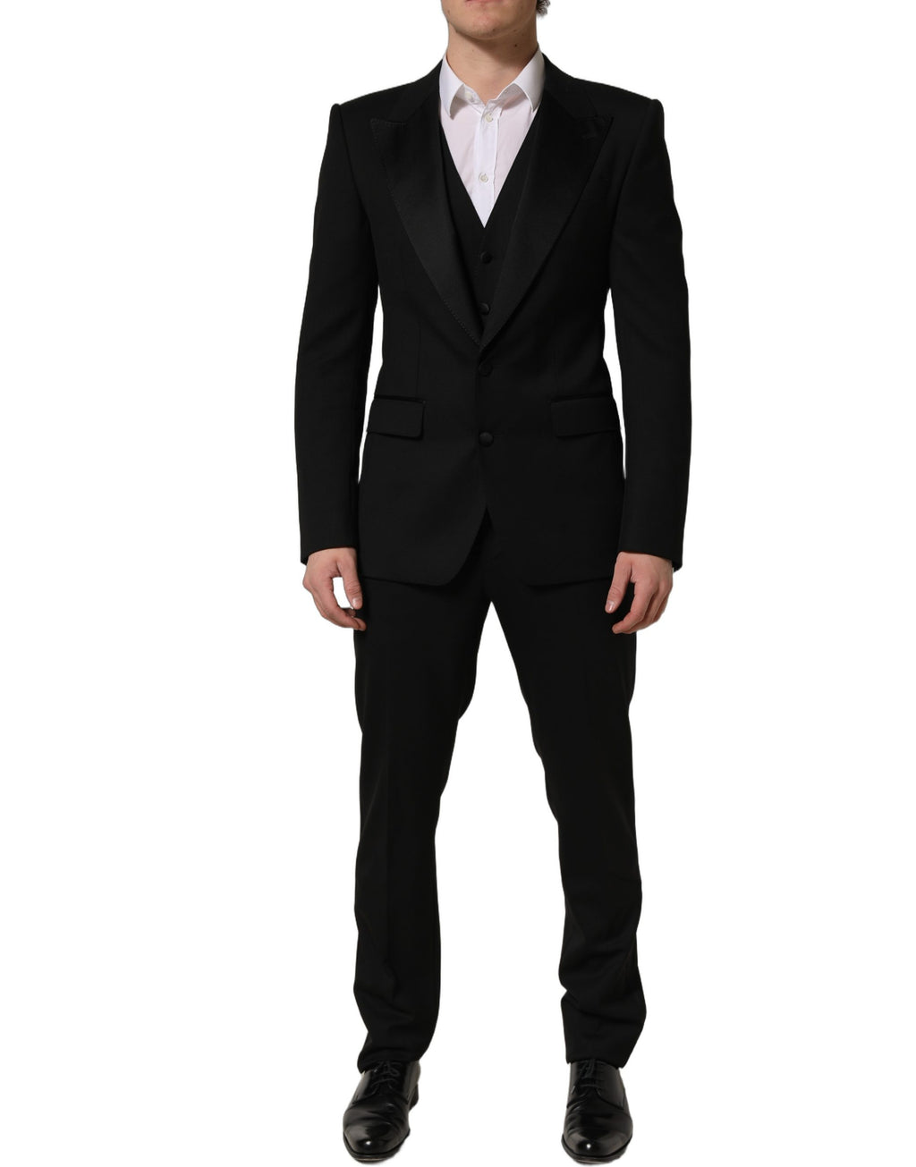 Costume homme Dolce & Gabbana en laine noire, costume trois pièces ajusté pour occasion formelle.