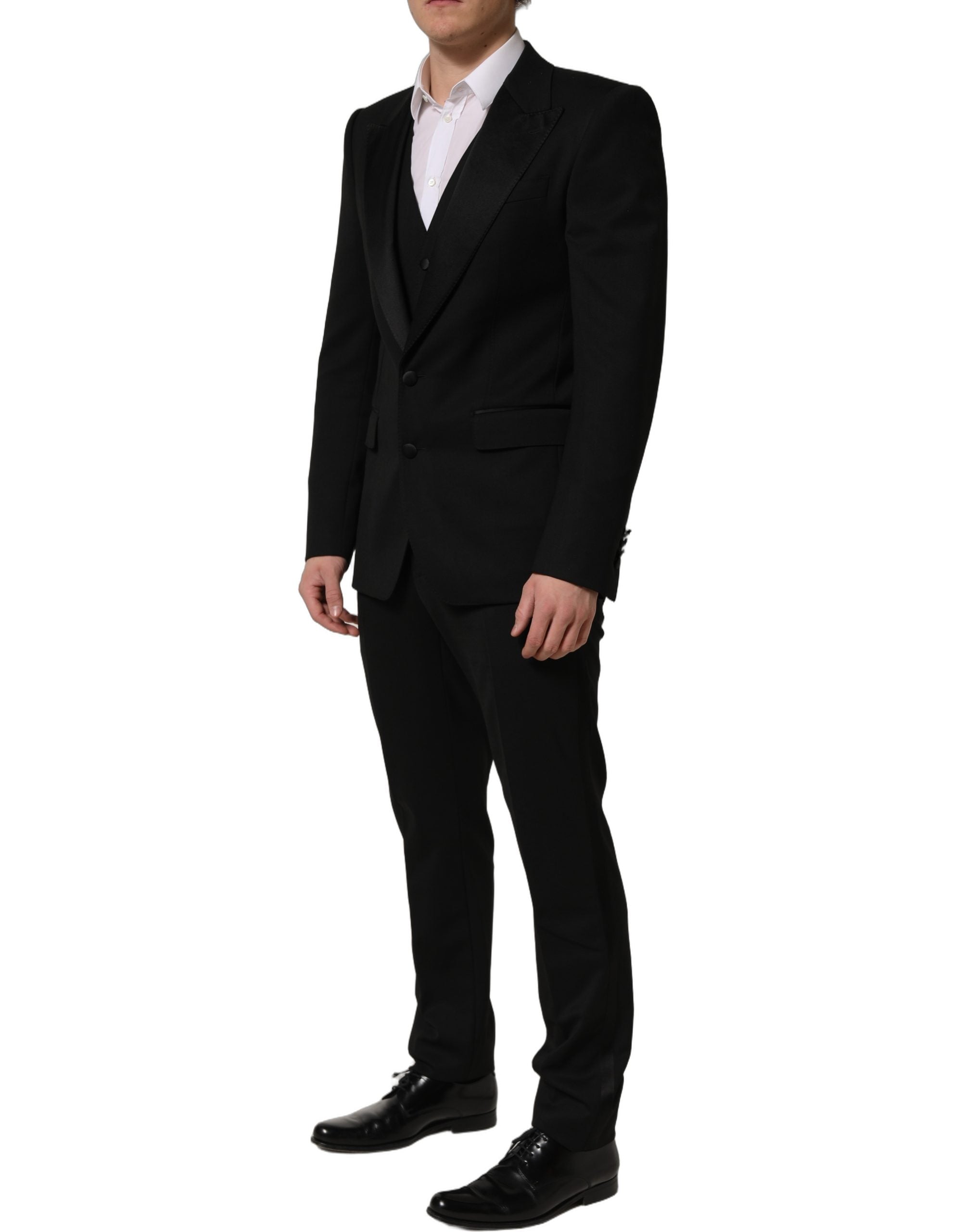 Costume homme noir en laine Dolce & Gabbana, costume trois pièces ajusté pour occasions formelles.