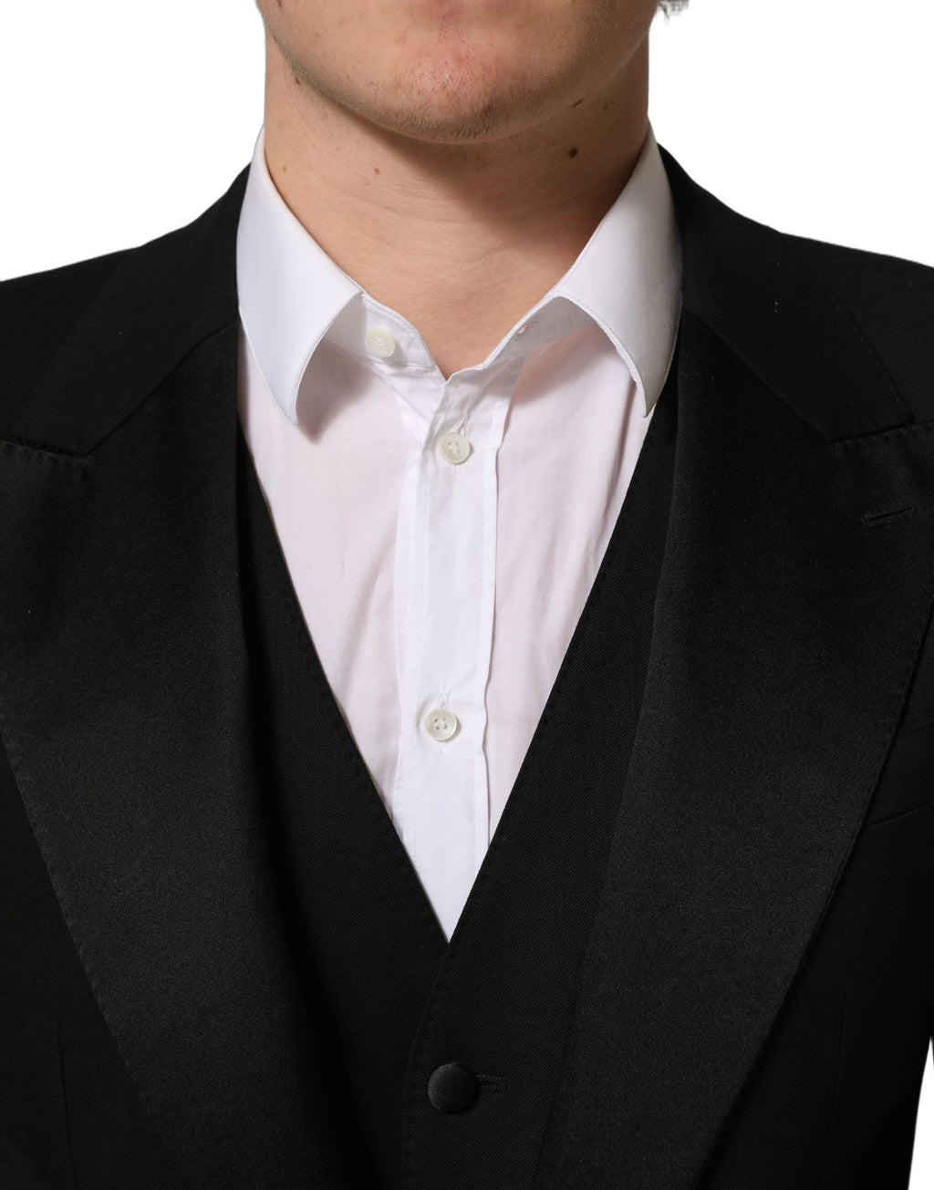 Costume homme noir en laine, costume trois pièces slim fit de Dolce & Gabbana, élégant et formel.