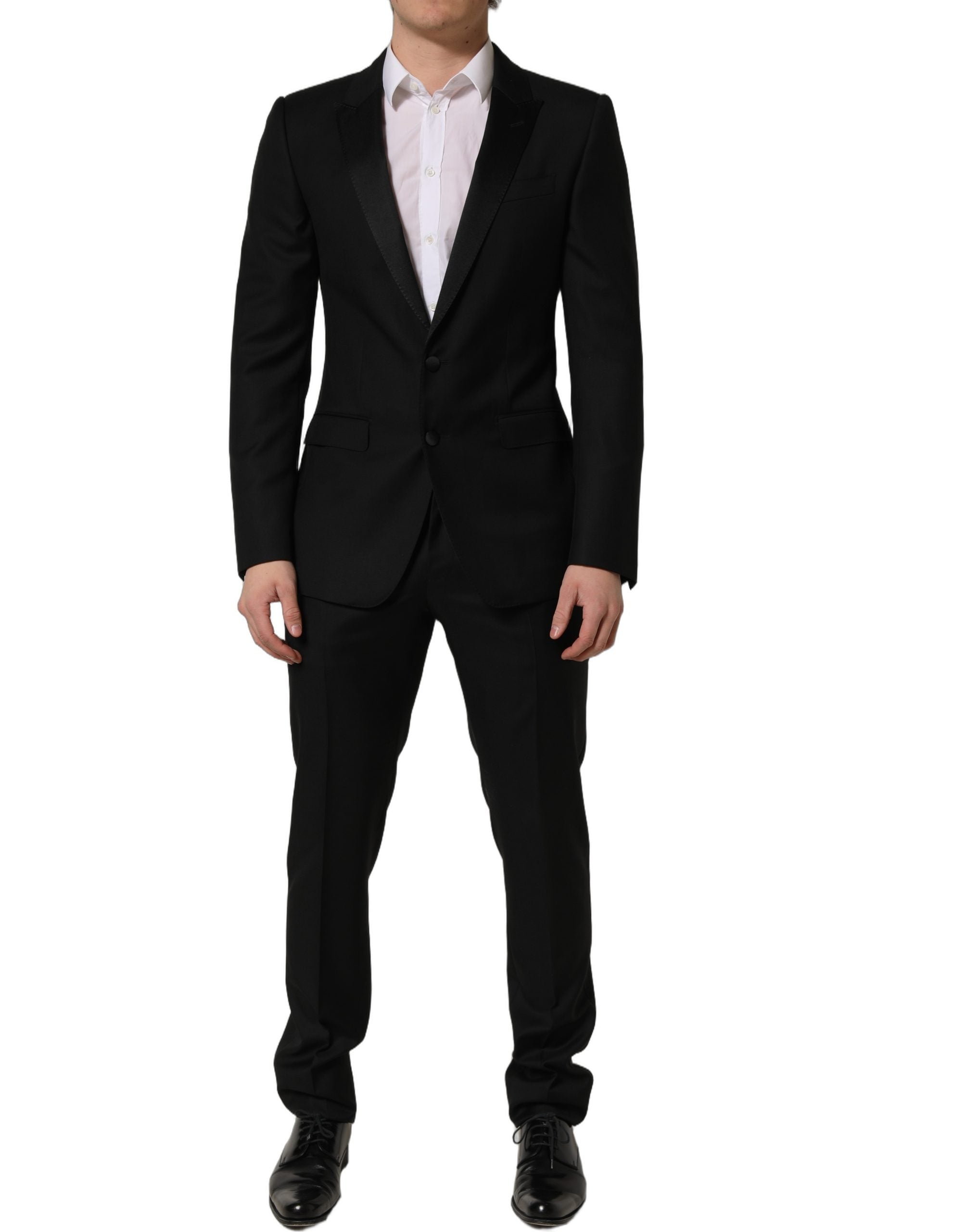 Costume homme Dolce & Gabbana en laine noire, costume deux pièces ajusté pour occasions formelles, vue de face.