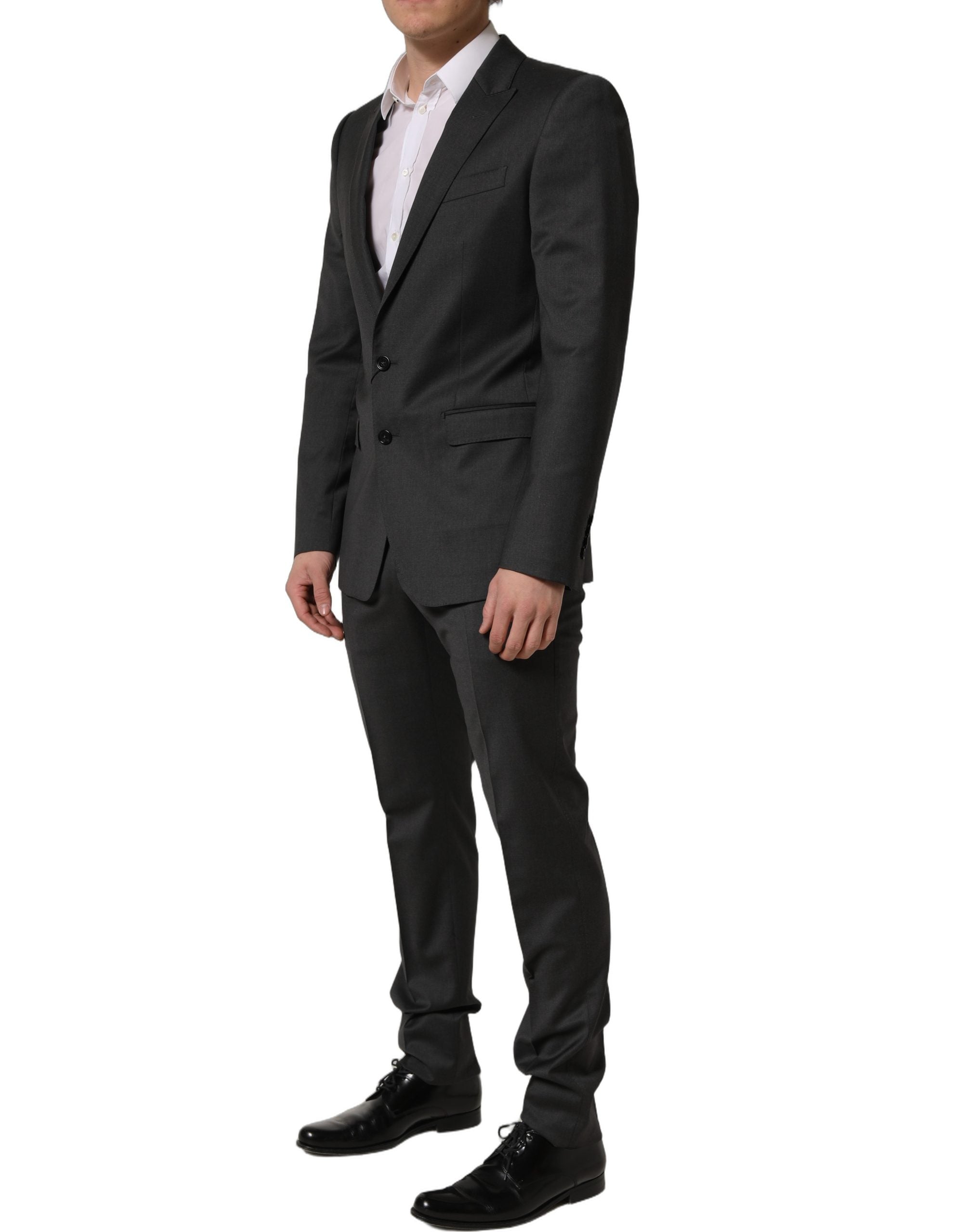 Costume homme Dolce & Gabbana en laine grise, costume slim fit formel à deux pièces, veston et pantalon élégants.