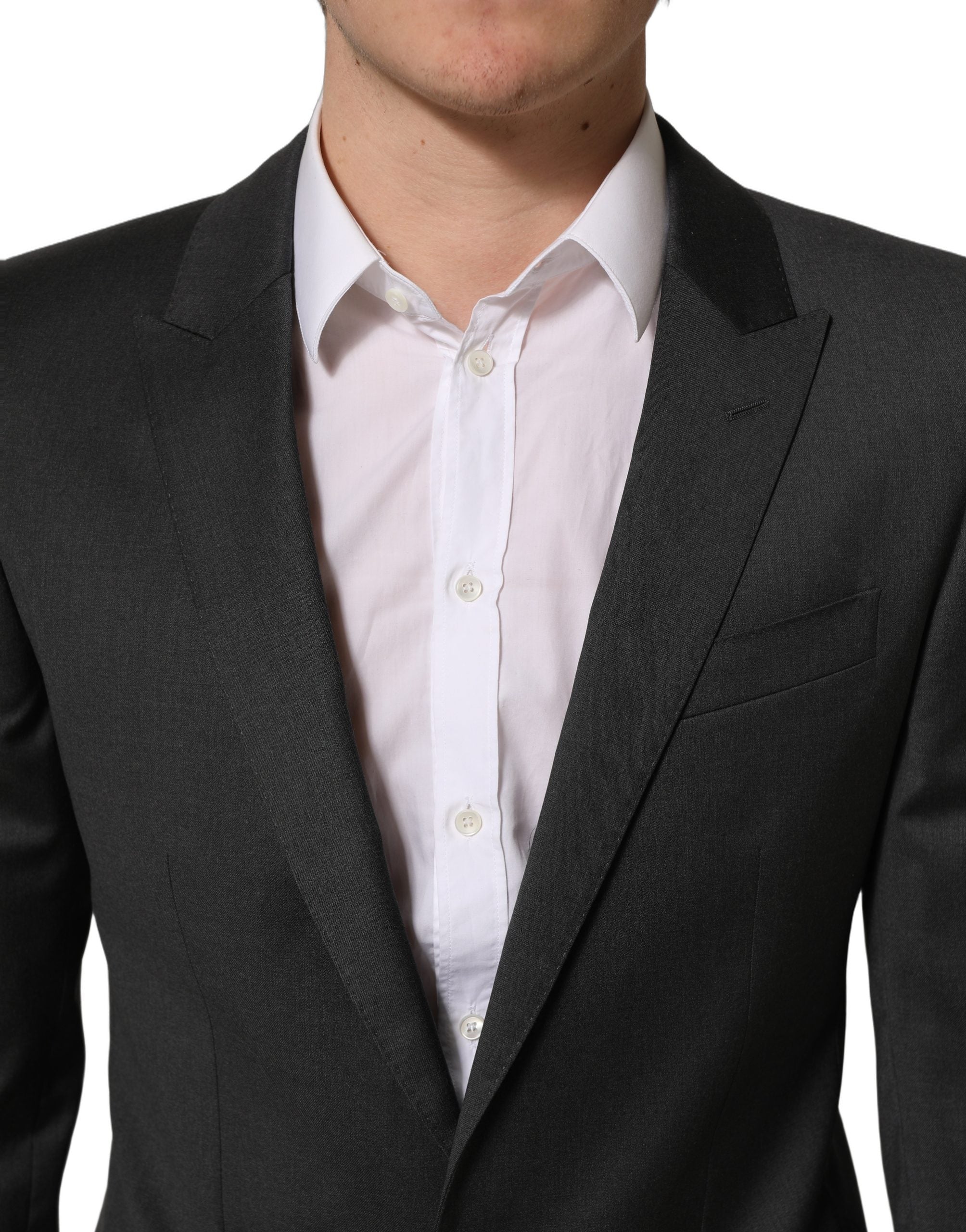 Costume homme Dolce & Gabbana en laine grise, costume deux pièces ajusté pour occasions formelles, vue détaillée.