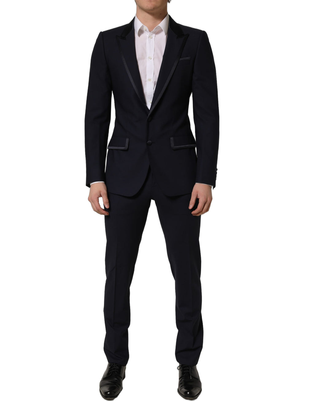 Costume homme noir Dolce & Gabbana en laine, costume deux pièces ajusté pour occasions formelles, veste et pantalon assortis.