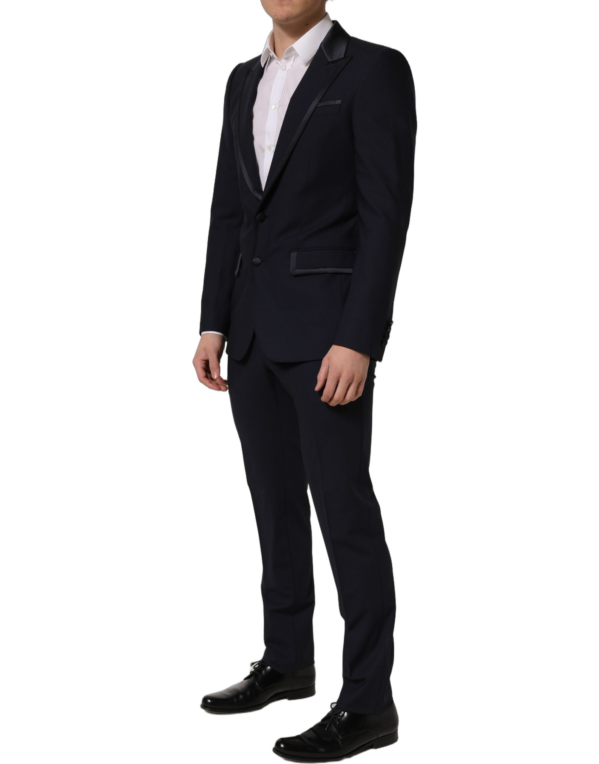 Costume homme en laine noire Dolce & Gabbana, costume deux pièces slim fit formel avec veste et pantalon élégants.