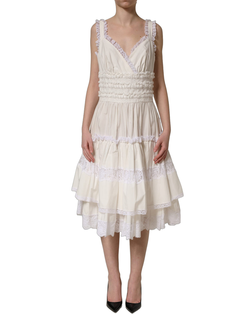 Robe midi en coton blanc avec volants Dolce & Gabbana, élégante et fluide, idéale pour une tenue chic et sophistiquée.
