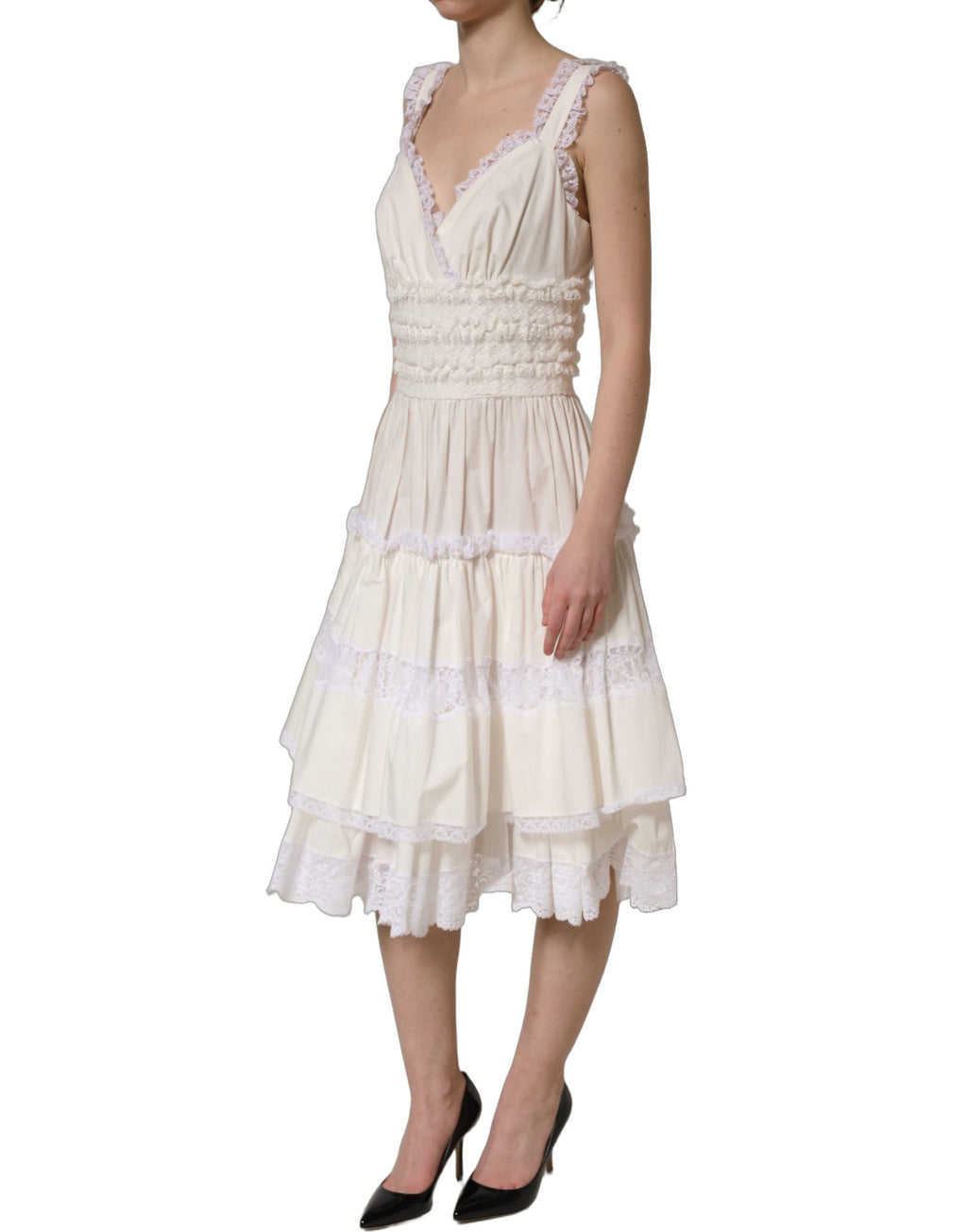 Robe midi en coton blanc à volants de Dolce & Gabbana, style élégant avec détails en popeline.