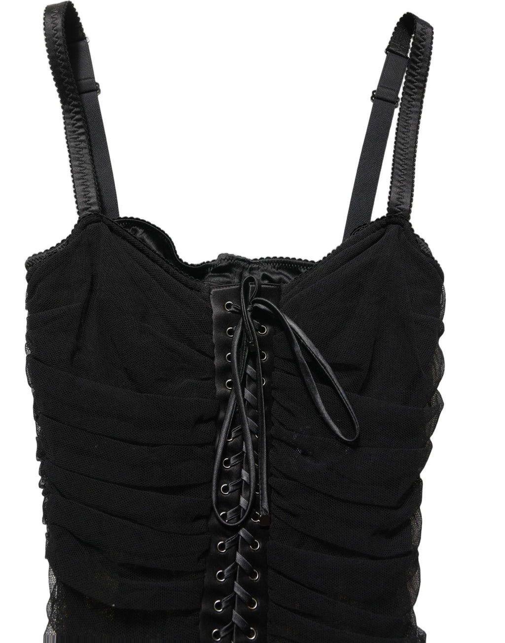 Robe courte noire Dolce & Gabbana style corset moulant, silhouette élégante et ajustée, en tissu satiné.