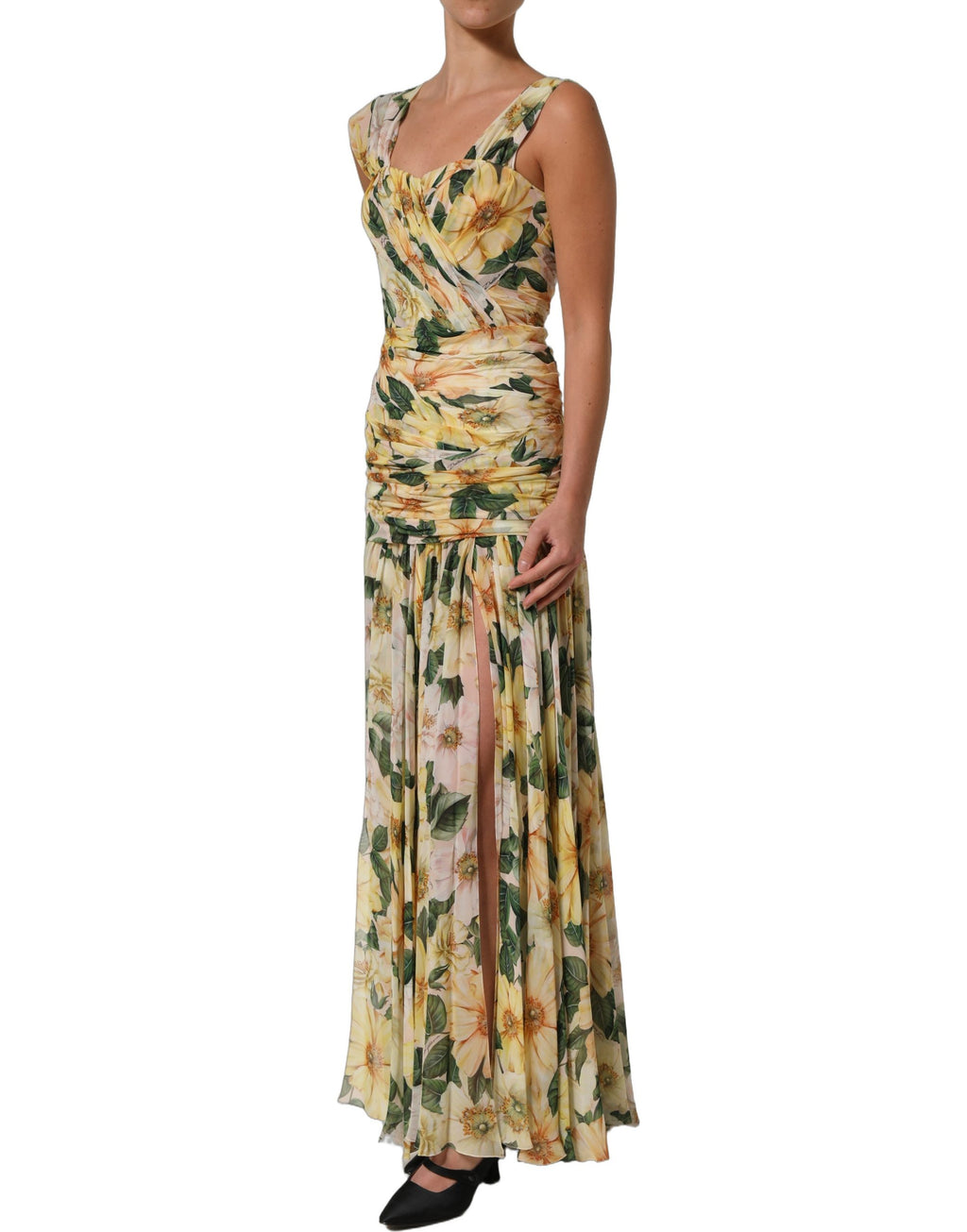 Robe longue en soie jaune à fleurs, plissée, de marque Dolce & Gabbana, élégant style floral pour femme.