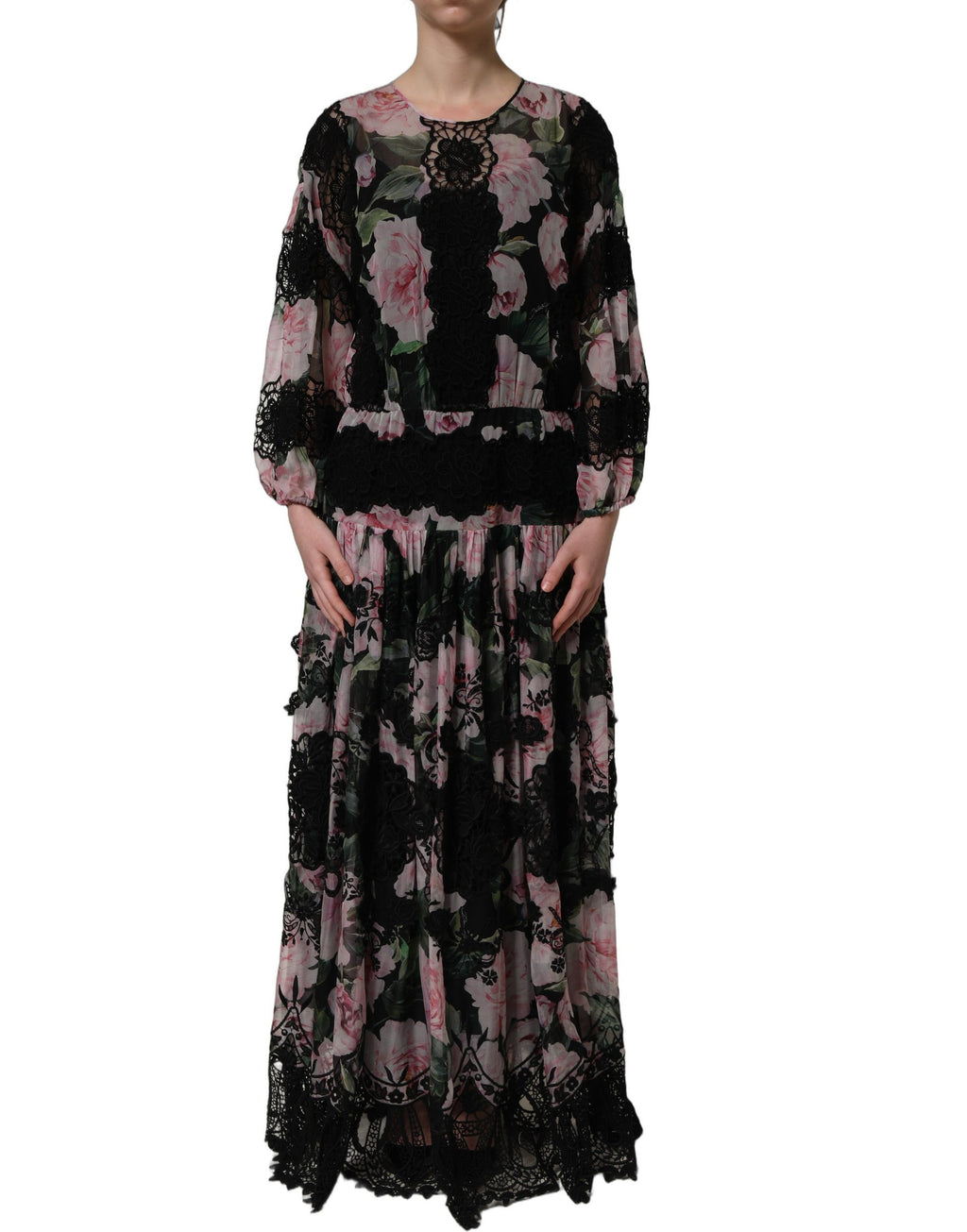 Robe maxi en coton et dentelle noire à fleurs Dolce & Gabbana, vêtement élégant avec motif floral.