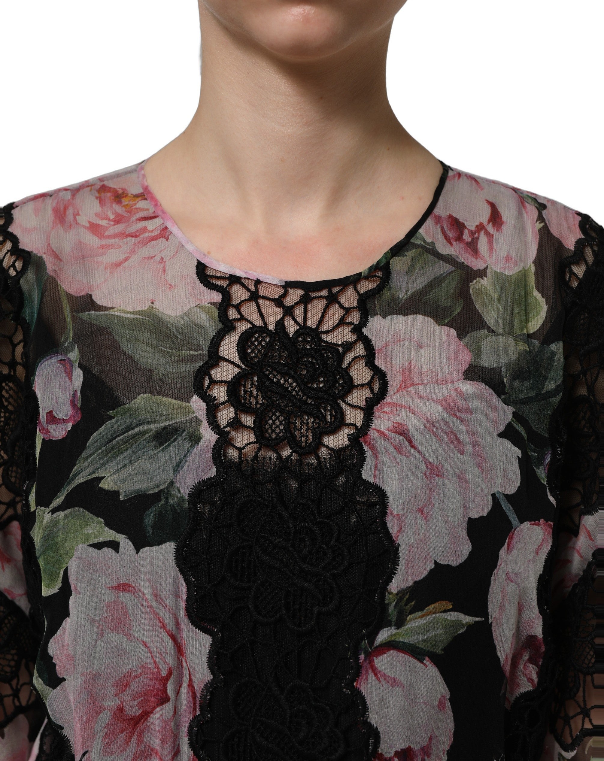 Robe Maxi en coton noir à fleurs et dentelle Dolce & Gabbana, style élégant avec motif floral et détails en dentelle.