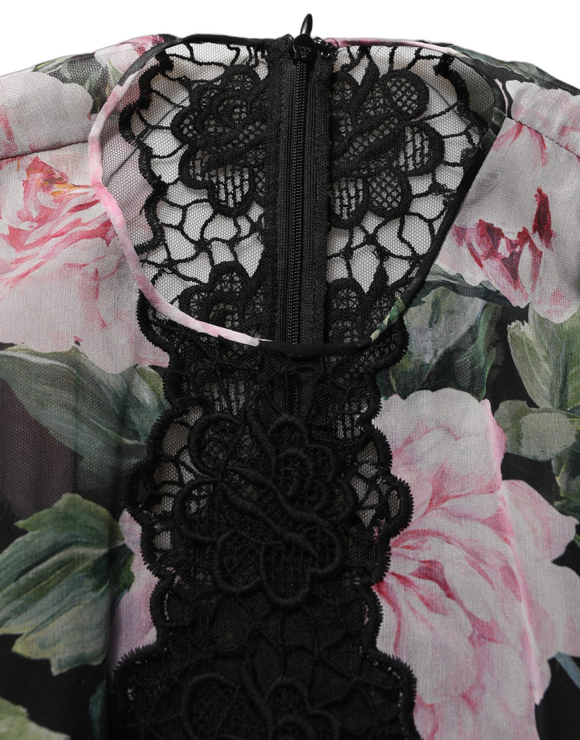Robe longue en coton avec dentelle noire et imprimé floral Dolce & Gabbana, élégante et féminine.