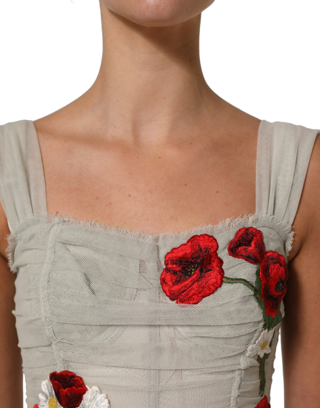 Robe midi droite Dolce & Gabbana gris clair avec broderie de roses et design élégant, longue et sophistiquée.