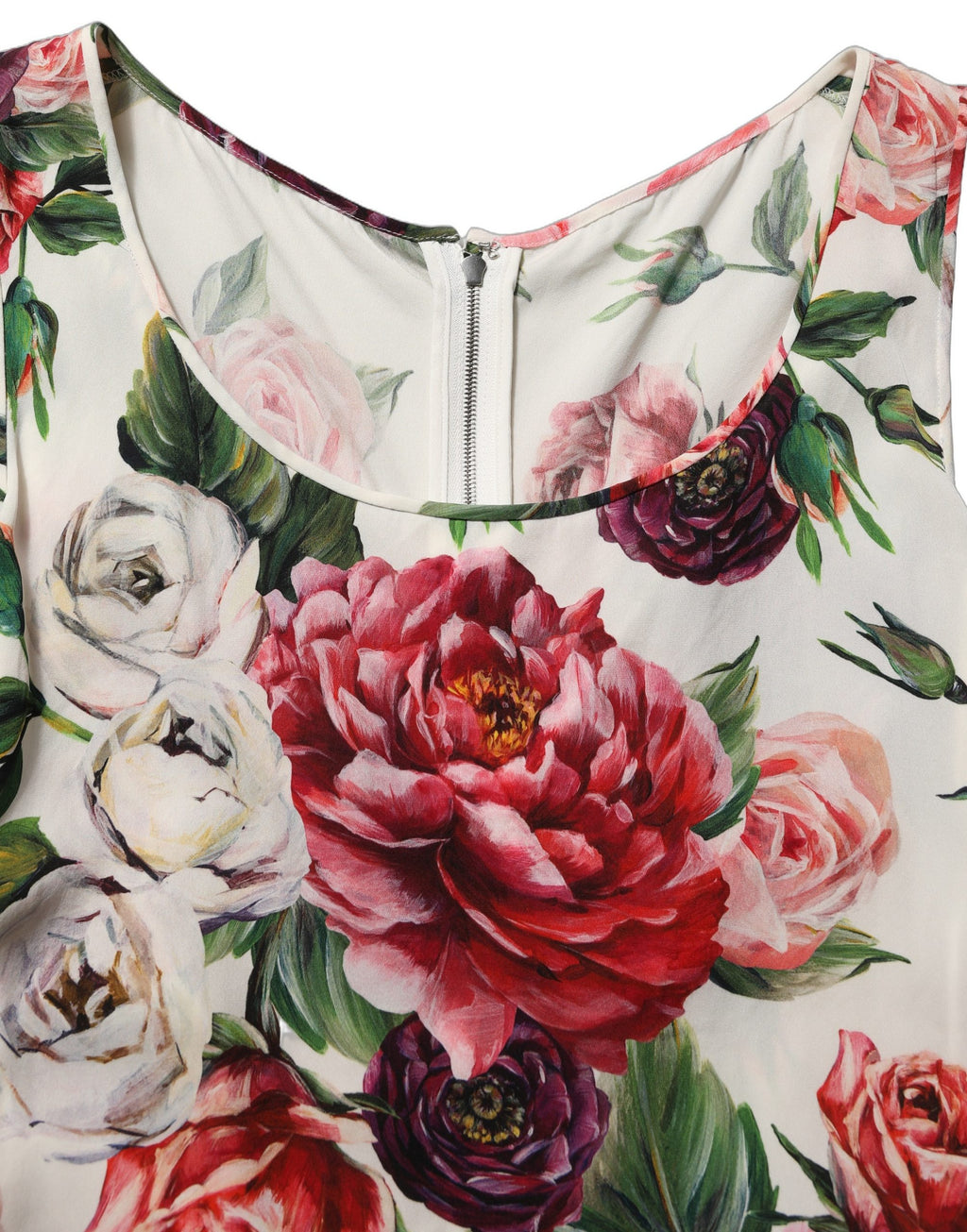 Robe courte sans manches Dolce & Gabbana blanche à motifs floraux, coupe ajustée et élégante, parfaite pour une occasion spéciale.