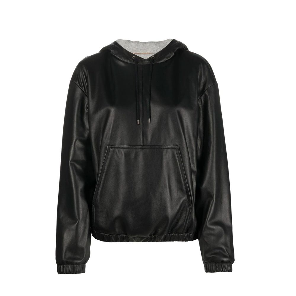 Débardeur en cuir noir de Saint Laurent, coupe ajustée, porté sur mannequin, détails de finition élégants, style sophistiqué.