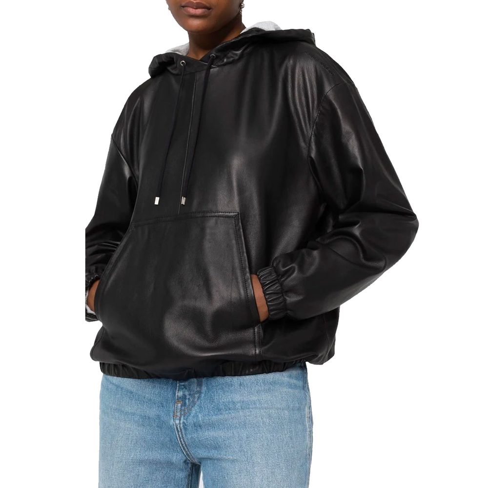 Top en cuir noir Saint Laurent pour femme, sans manches, coupe ajustée, porté sur un mannequin.