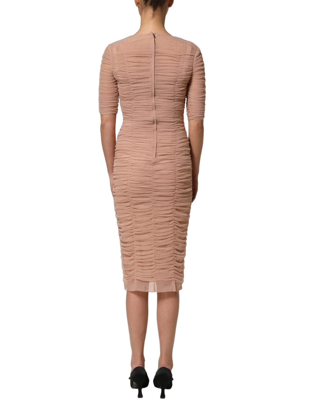 Robe midi en coton beige à mesh avec drapé, robe droite Dolce & Gabbana, élégante et sophistiquée.