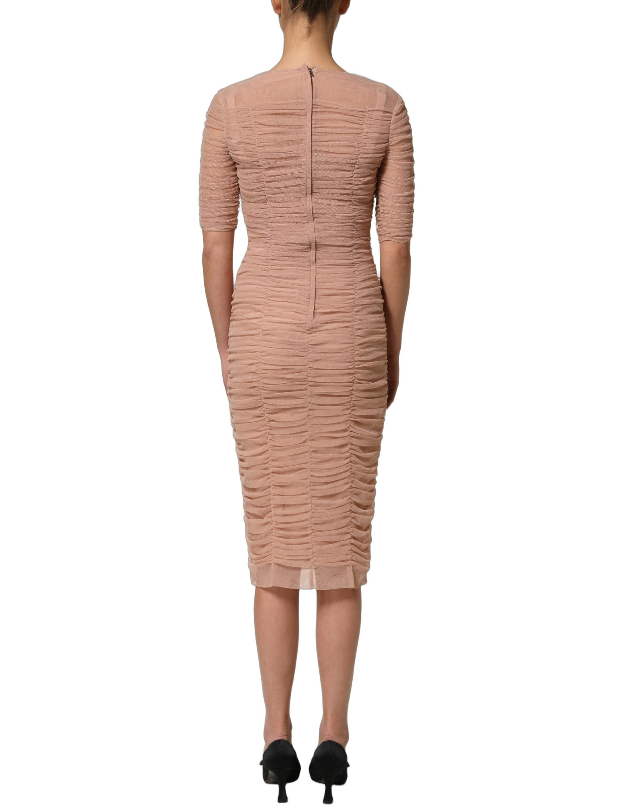 Robe midi en coton beige à mesh avec drapé, robe droite Dolce & Gabbana, élégante et sophistiquée.