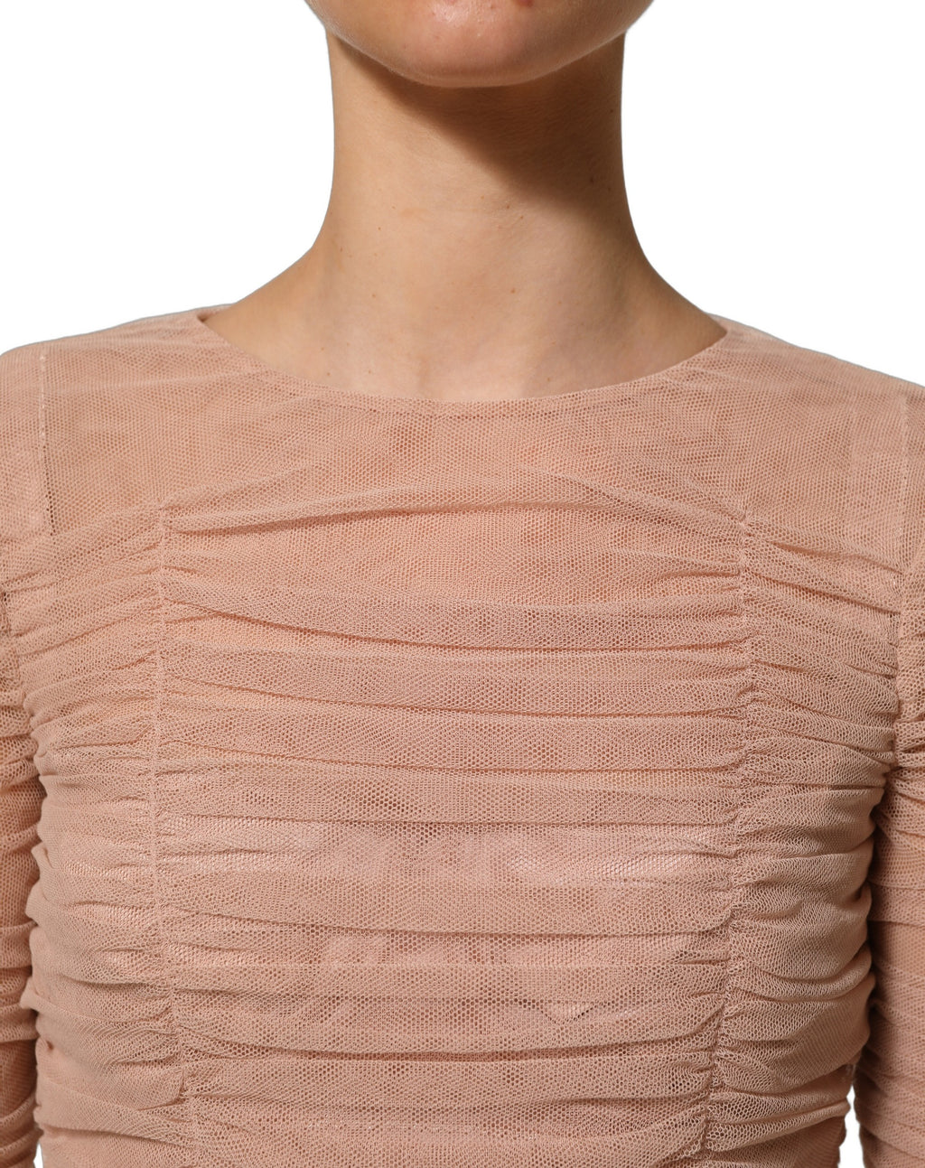 Robe midi en coton beige à mailles, coupe ajustée et drapée, de la marque Dolce & Gabbana, vue en gros plan.
