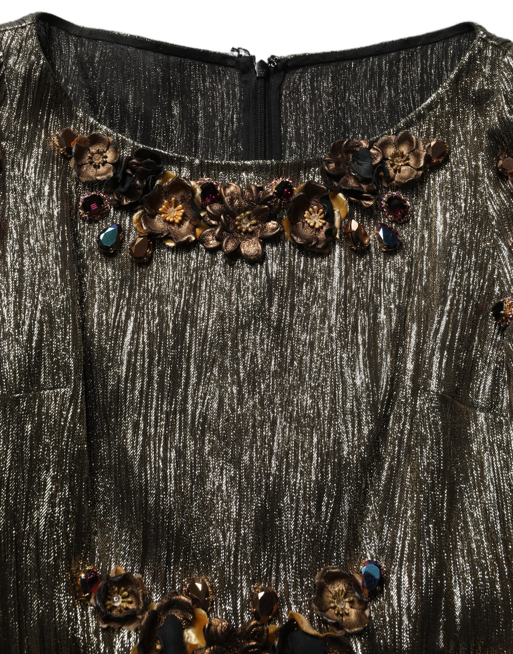 Robe midi dorée à paillettes en couches, Dolce & Gabbana, élégante robe métallique avec embellissements brillants.