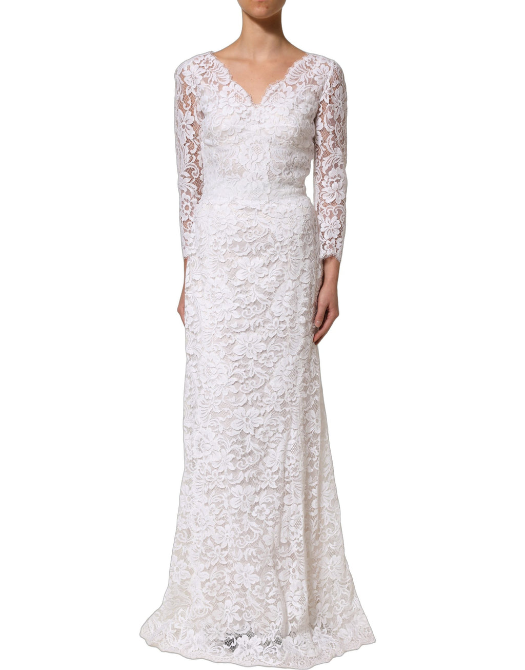 Robe longue en coton blanc avec dentelle florale de Dolce & Gabbana, élégante et sophistiquée.