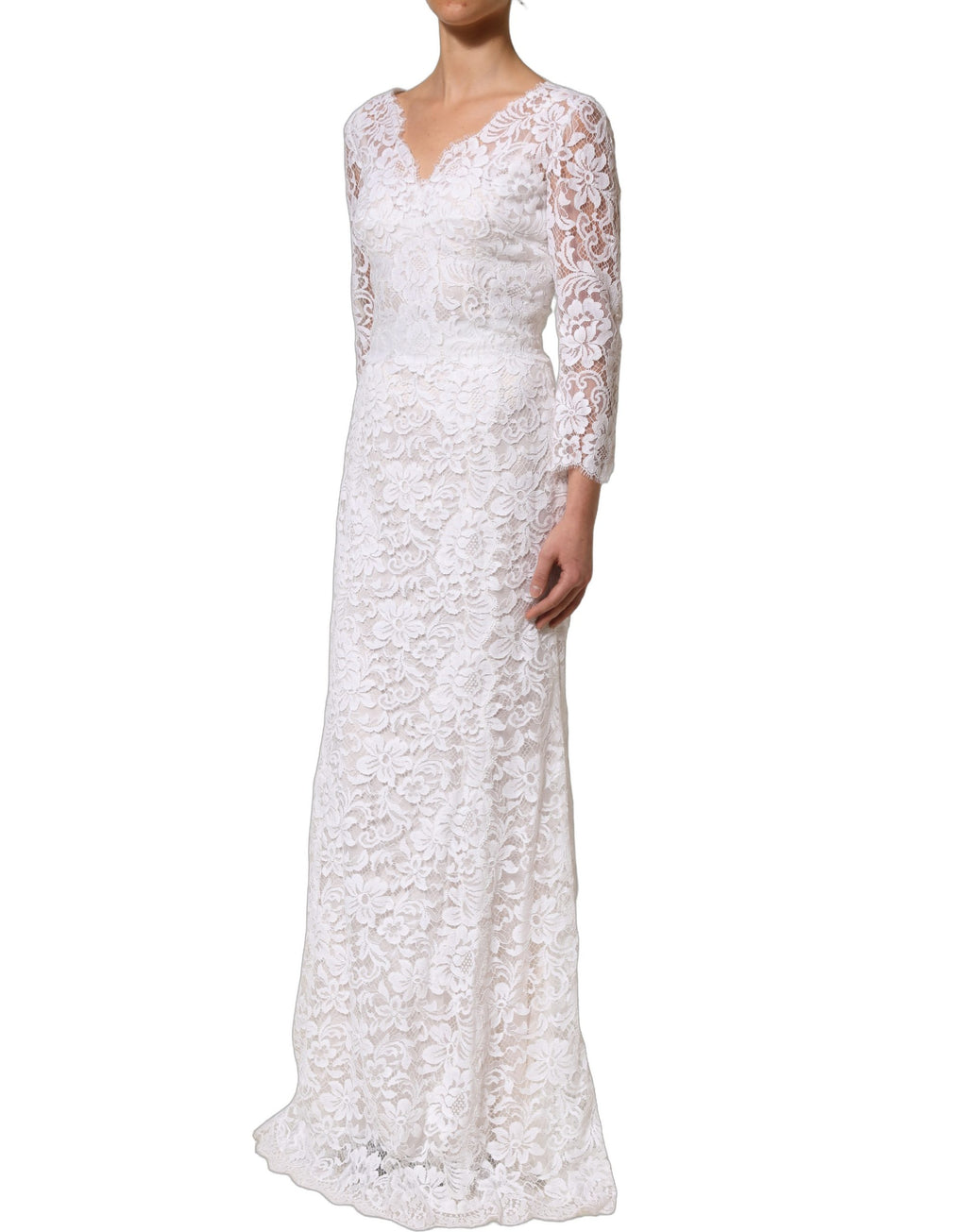 Robe longue en coton blanc avec dentelle florale Dolce & Gabbana, élégante et raffinée, visible avec détails en dentelle et coupe fluide.