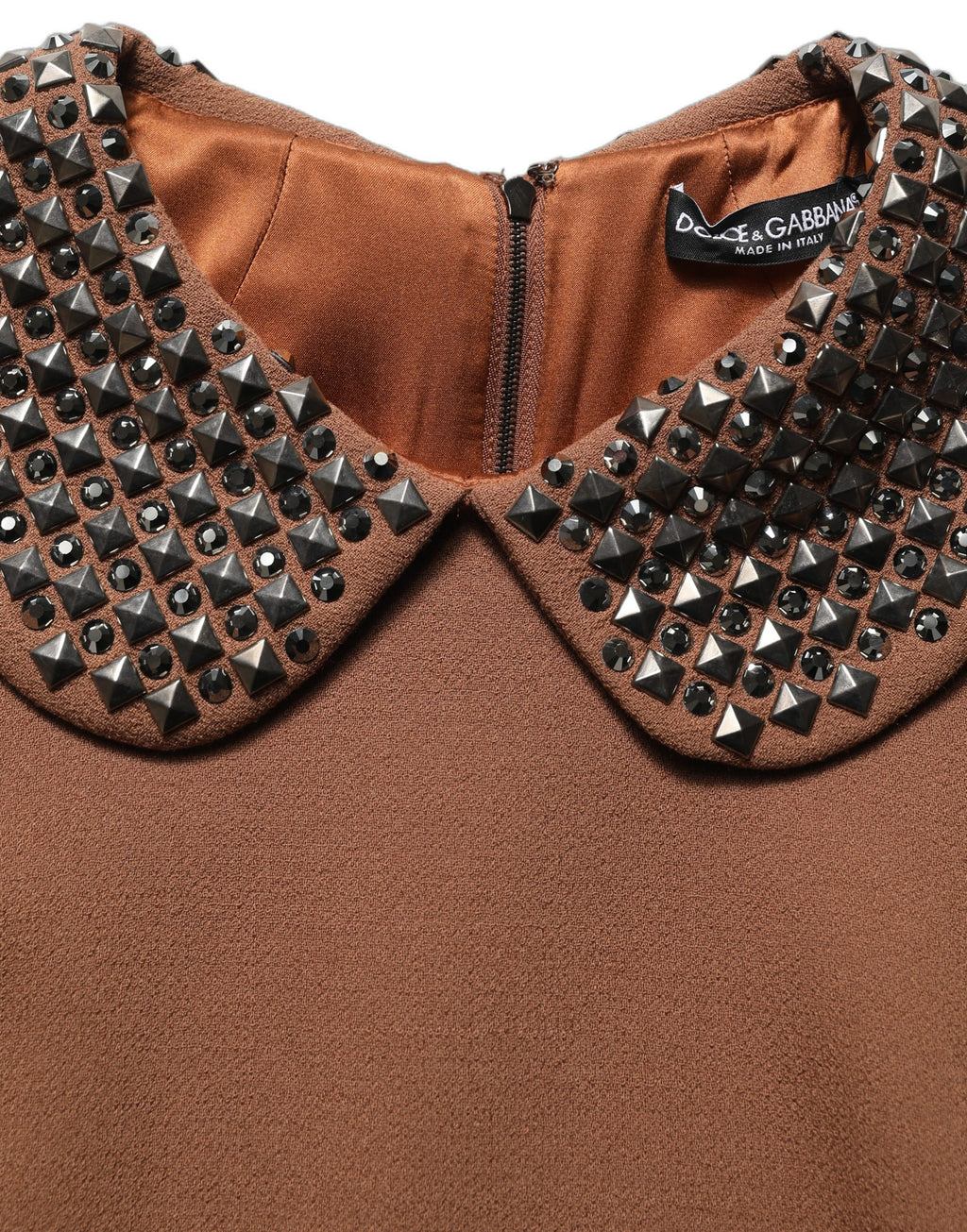 Robe midi en laine marron de Dolce & Gabbana avec embellissements en rhinestones et détails élégants.