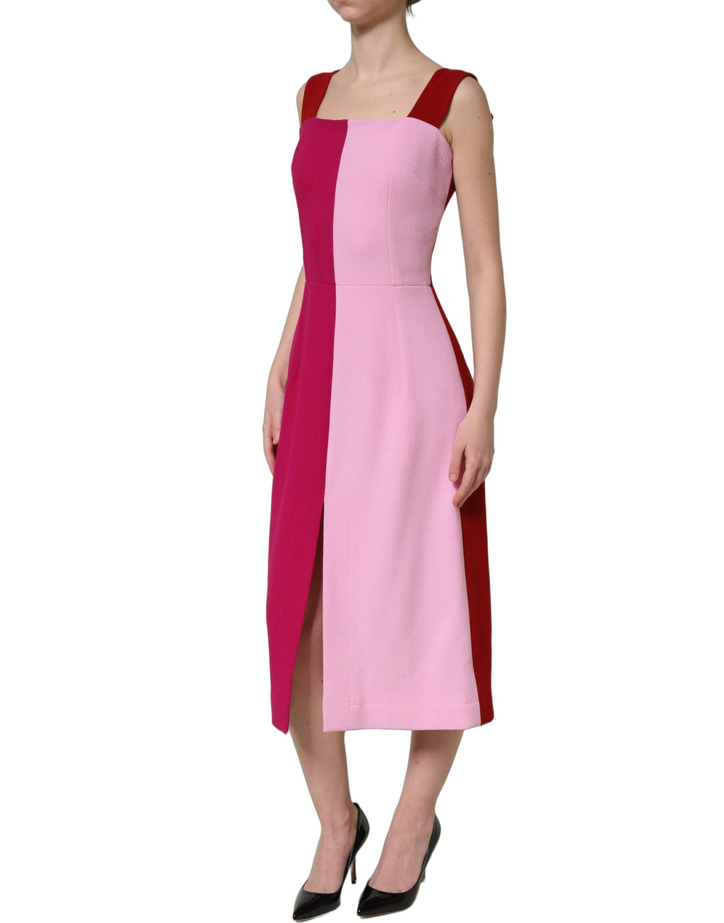 Robe midi sans manches en laine rose bicolore de Dolce & Gabbana, élégante et sophistiquée.